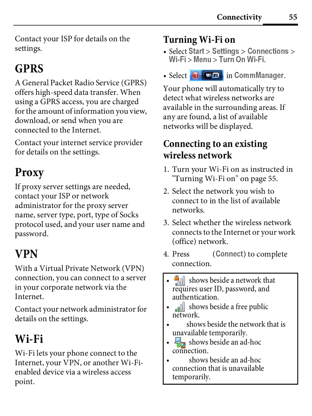 Kyocera E4000 Proxy, Turning Wi-Fi on, Contact your ISP for details on the settings, Select in CommManager 