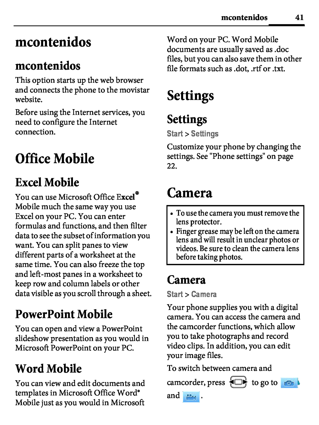 Kyocera E4000 mcontenidos, Office Mobile, Settings, Excel Mobile, PowerPoint Mobile, Word Mobile, Start Camera 