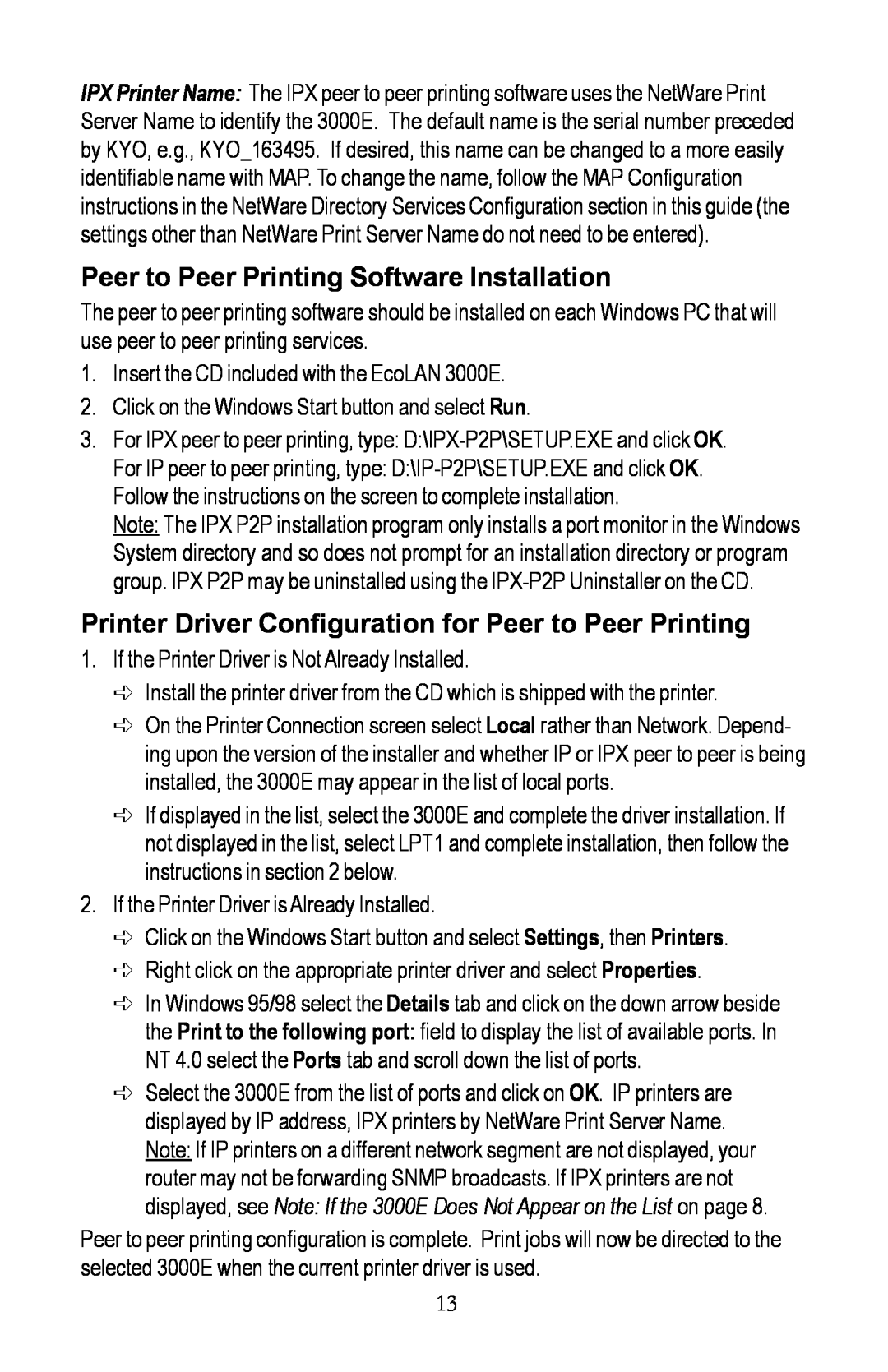 Kyocera EcoLAN 3000E manual Peer to Peer Printing Software Installation 