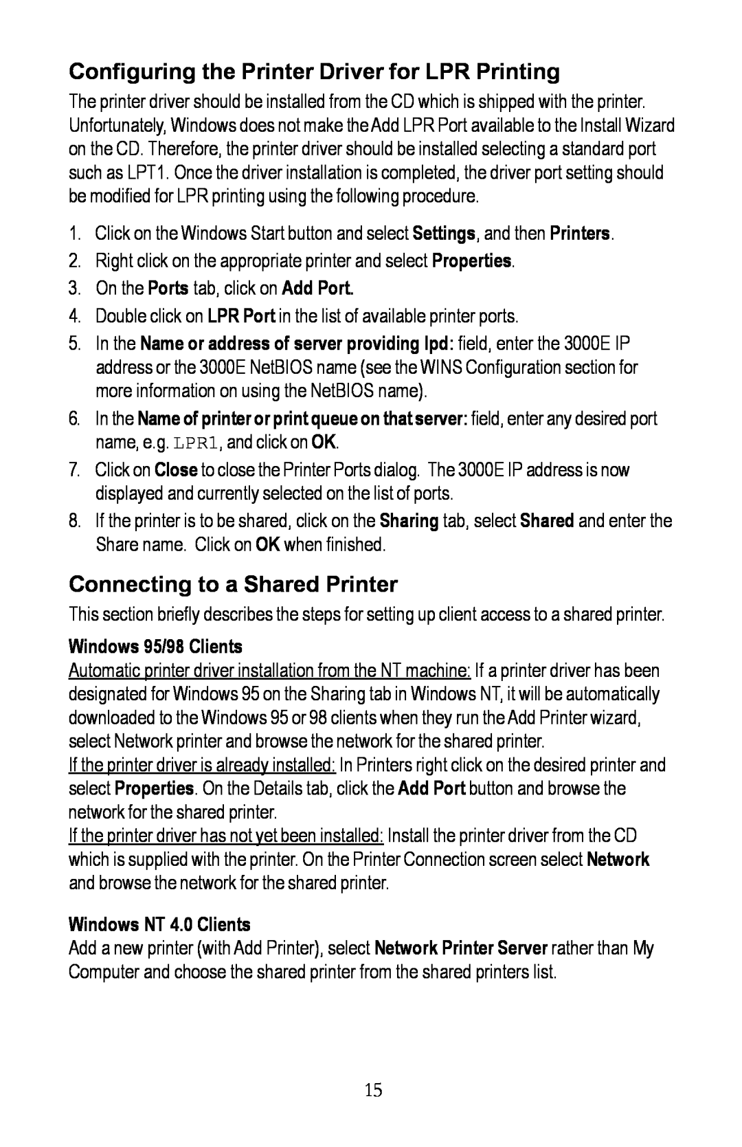 Kyocera EcoLAN 3000E manual Configuring the Printer Driver for LPR Printing, Connecting to a Shared Printer 