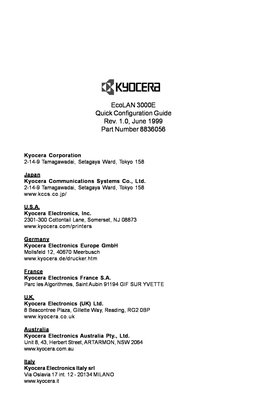 Kyocera manual EcoLAN 3000E Quick Configuration Guide, Rev. 1.0, June Part Number 