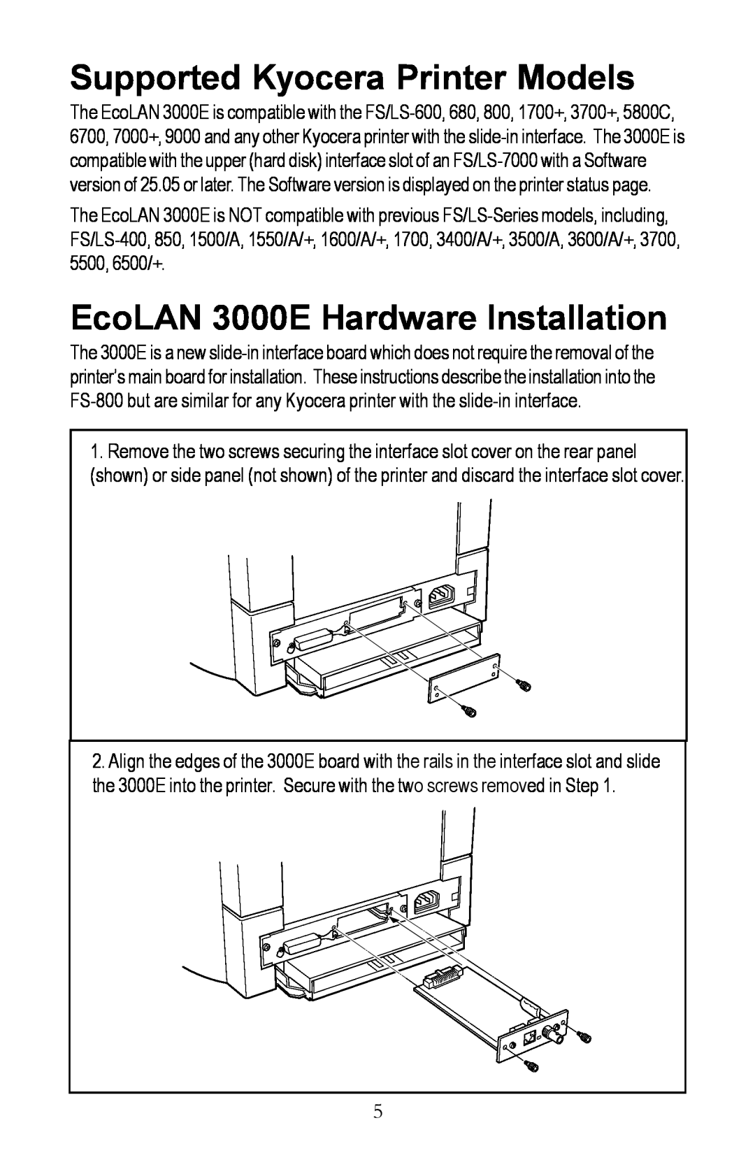 Kyocera manual Supported Kyocera Printer Models, EcoLAN 3000E Hardware Installation 