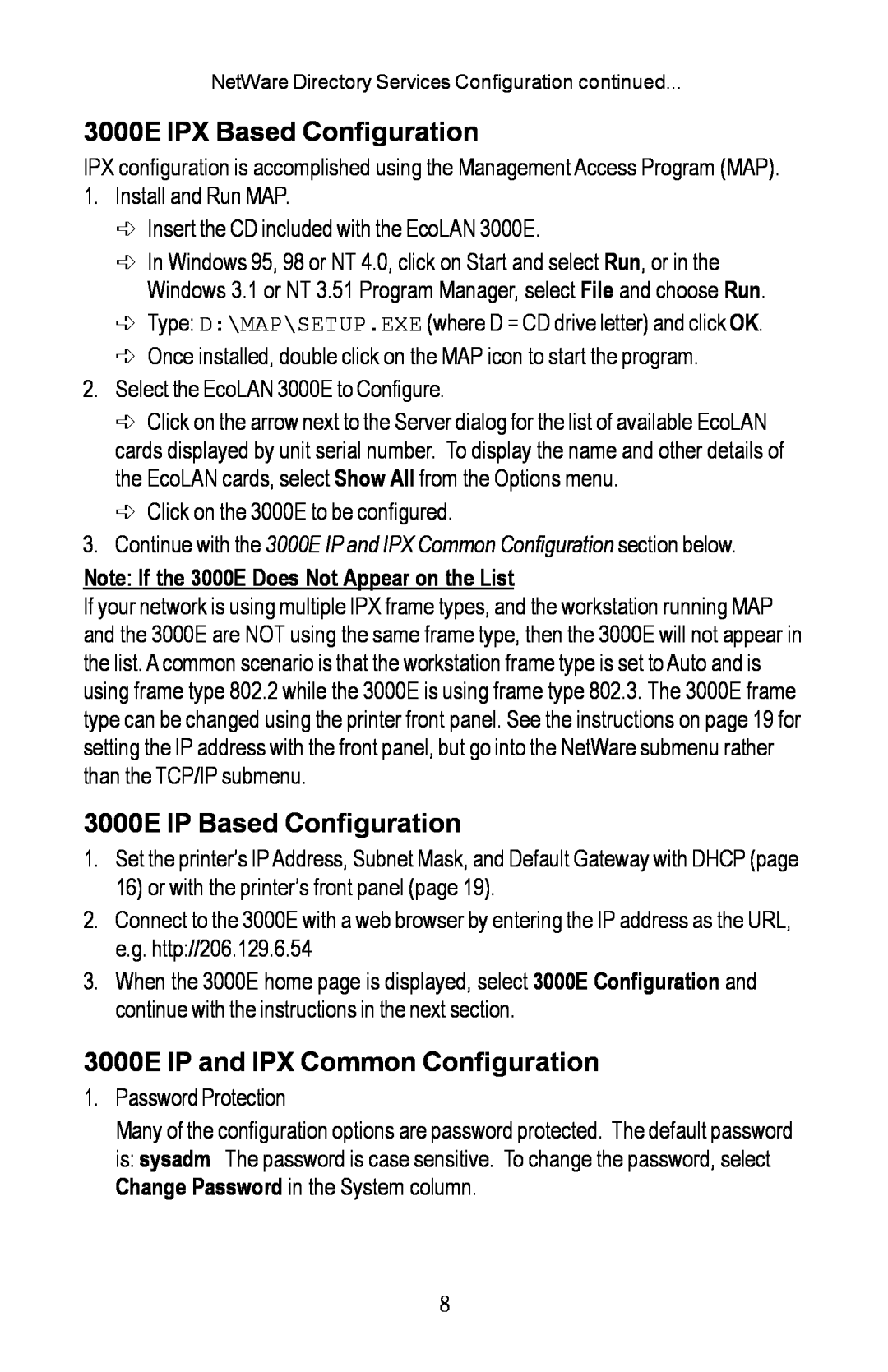 Kyocera EcoLAN 3000E 3000E IPX Based Configuration, 3000E IP Based Configuration, 3000E IP and IPX Common Configuration 