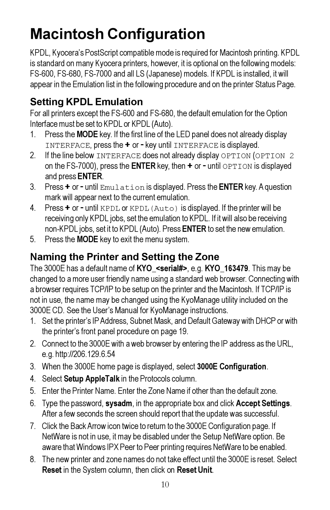 Kyocera EcoLAN 3000E manual Macintosh Configuration, Setting Kpdl Emulation, Naming the Printer and Setting the Zone 