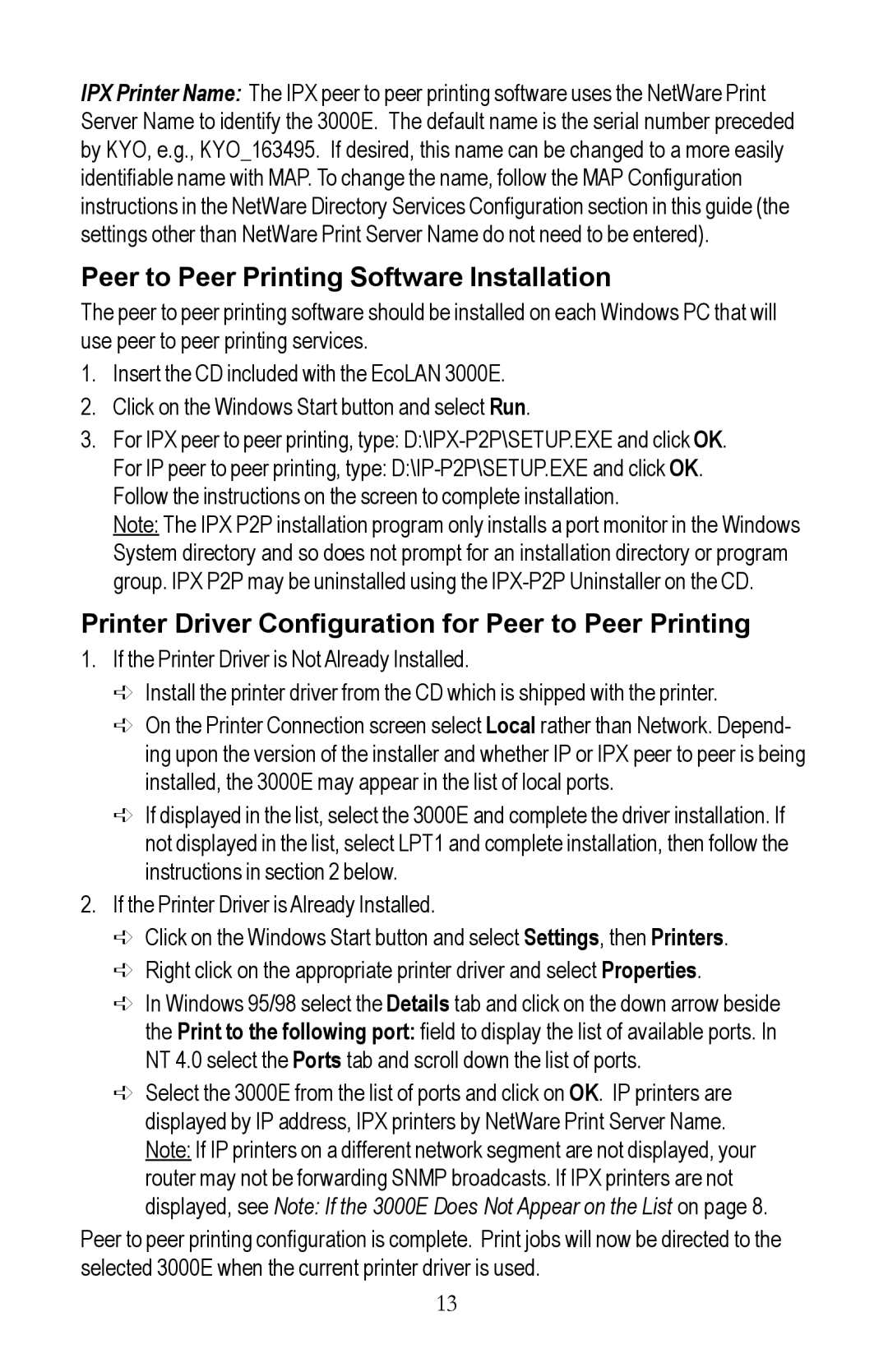 Kyocera EcoLAN 3000E Peer to Peer Printing Software Installation, Printer Driver Configuration for Peer to Peer Printing 