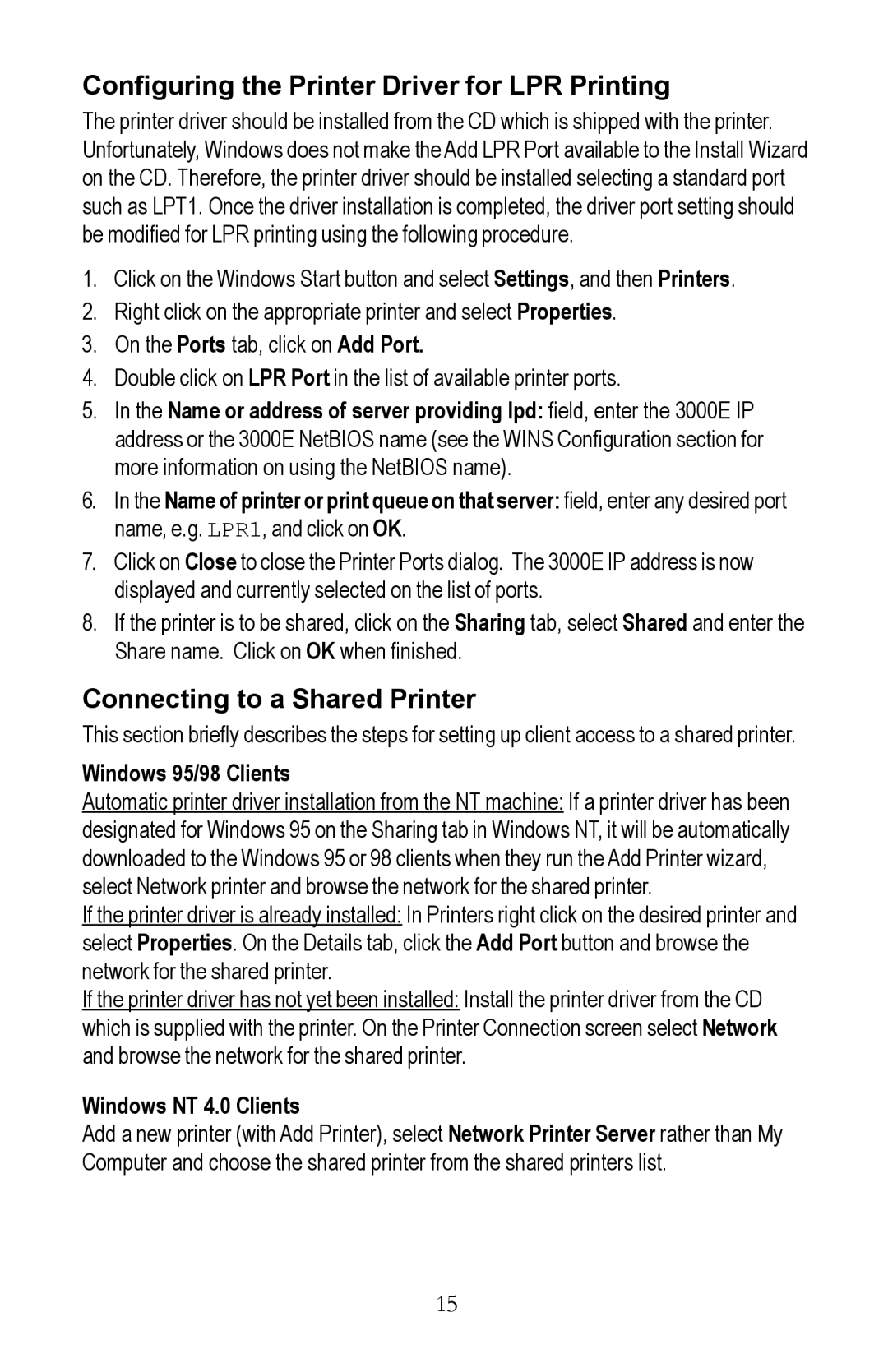 Kyocera EcoLAN 3000E manual Configuring the Printer Driver for LPR Printing, Connecting to a Shared Printer 