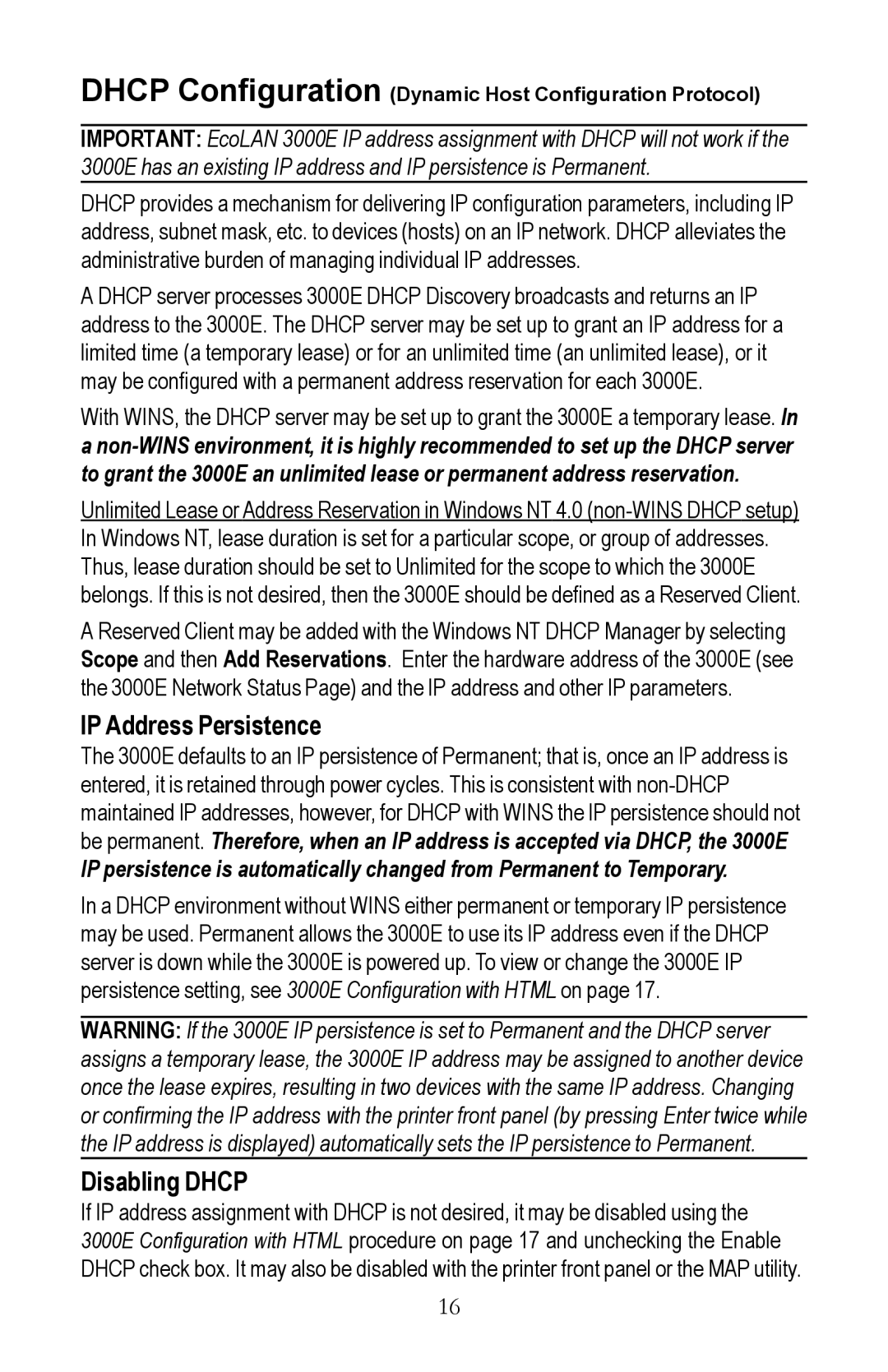Kyocera EcoLAN 3000E manual IP Address Persistence, Disabling Dhcp 