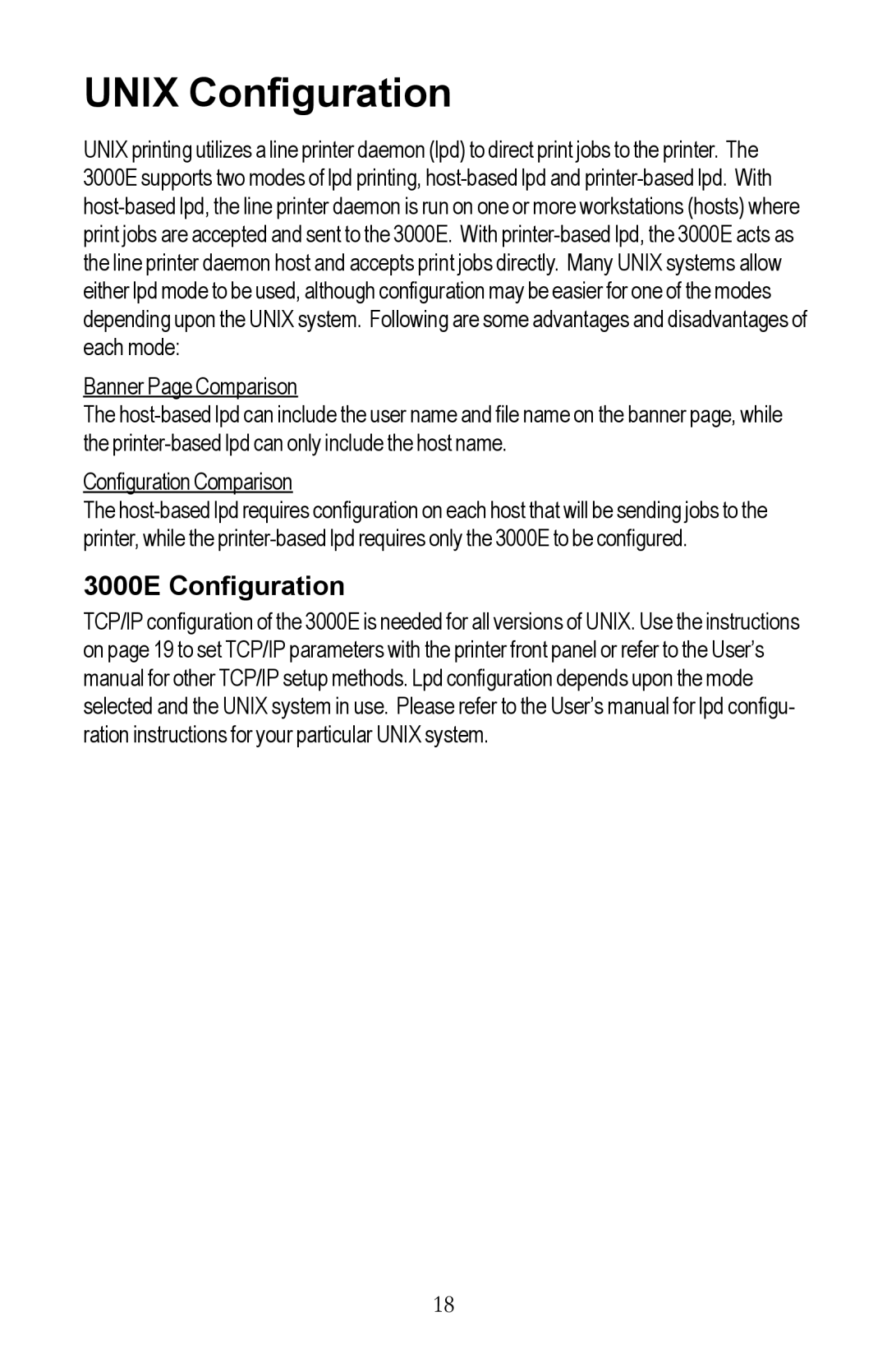 Kyocera EcoLAN 3000E manual Unix Configuration, 3000E Configuration, Banner Page Comparison, Configuration Comparison 