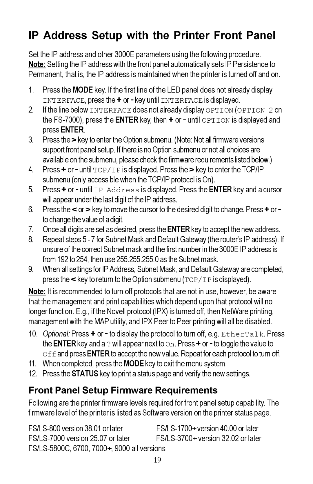 Kyocera EcoLAN 3000E Front Panel Setup Firmware Requirements, When completed, press the Mode key to exit the menu system 