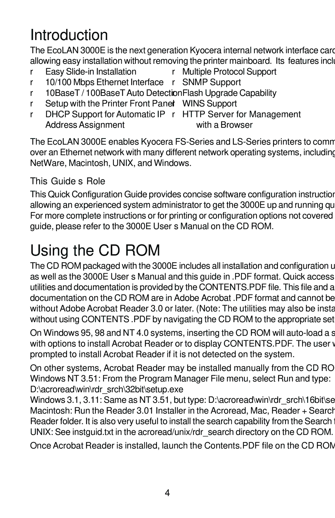 Kyocera EcoLAN 3000E manual Introduction, Using the CD ROM, Flash Upgrade Capability, Address Assignment With a Browser 