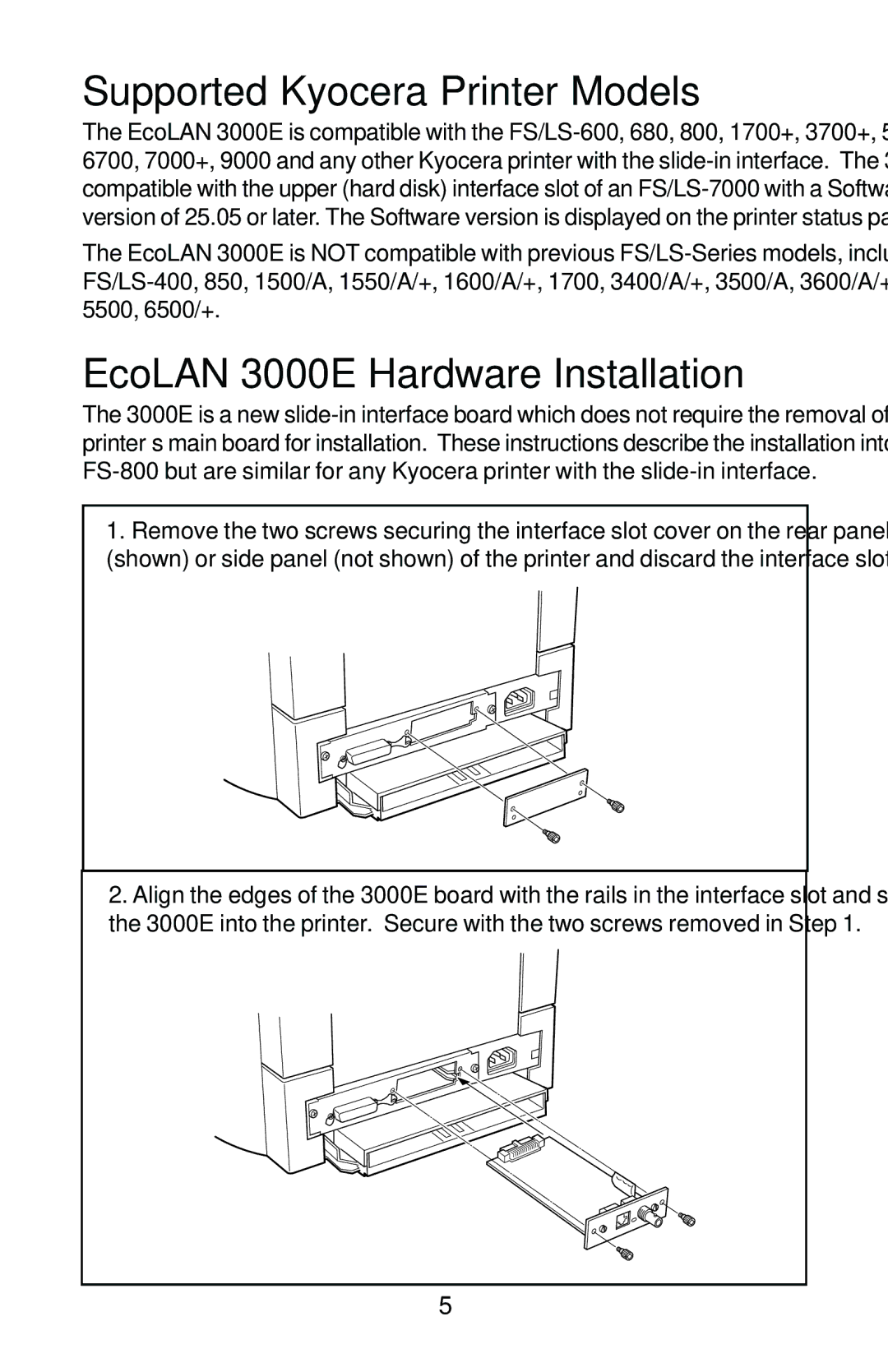 Kyocera manual Supported Kyocera Printer Models, EcoLAN 3000E Hardware Installation 