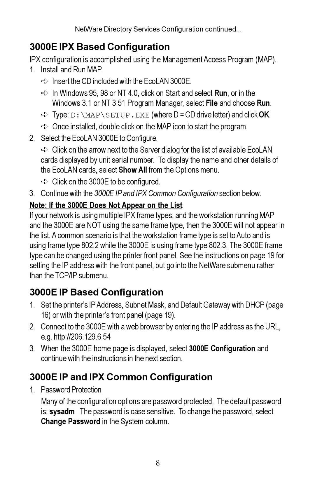 Kyocera EcoLAN 3000E 3000E IPX Based Configuration, 3000E IP Based Configuration, 3000E IP and IPX Common Configuration 