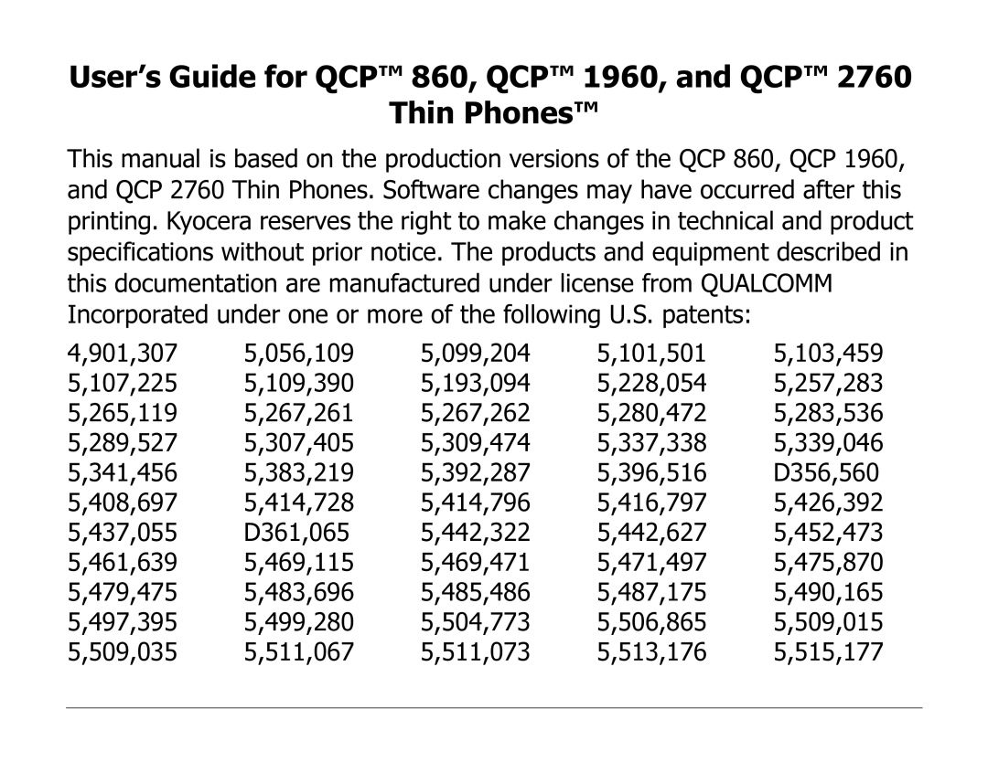 Kyocera EN manual User’s Guide for QCP 860, QCP 1960, and QCP Thin Phones 