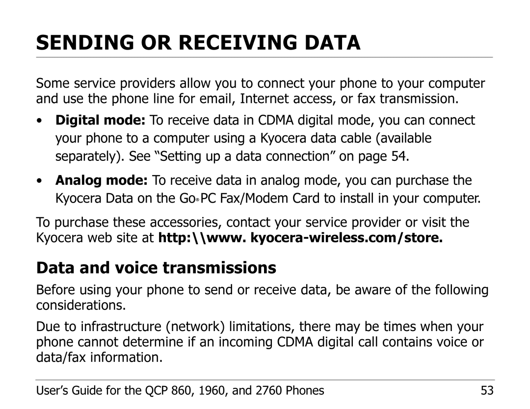 Kyocera EN manual Sending or Receiving Data, Data and voice transmissions 