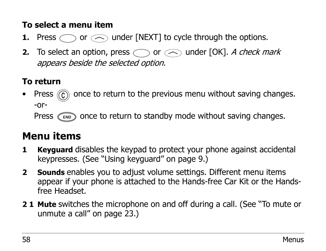 Kyocera EN manual Menu items 