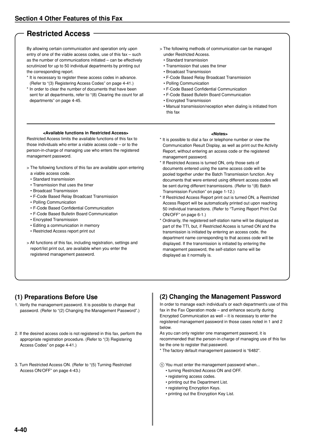 Kyocera FAX SYSTEM manual Restricted Access, Preparations Before Use, Changing the Management Password 