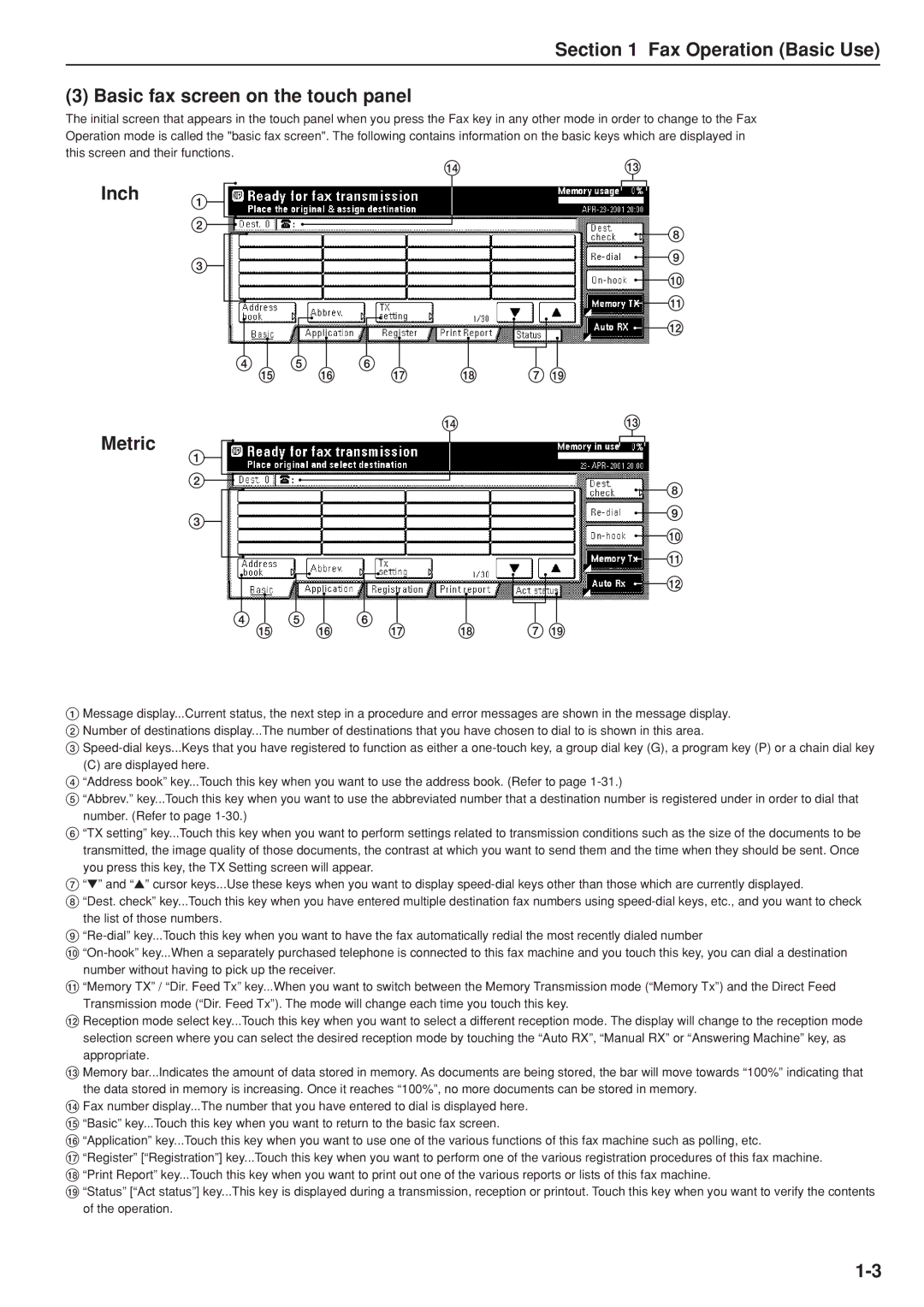 Kyocera FAX SYSTEM manual Fax Operation Basic Use Basic fax screen on the touch panel, Inch Metric 