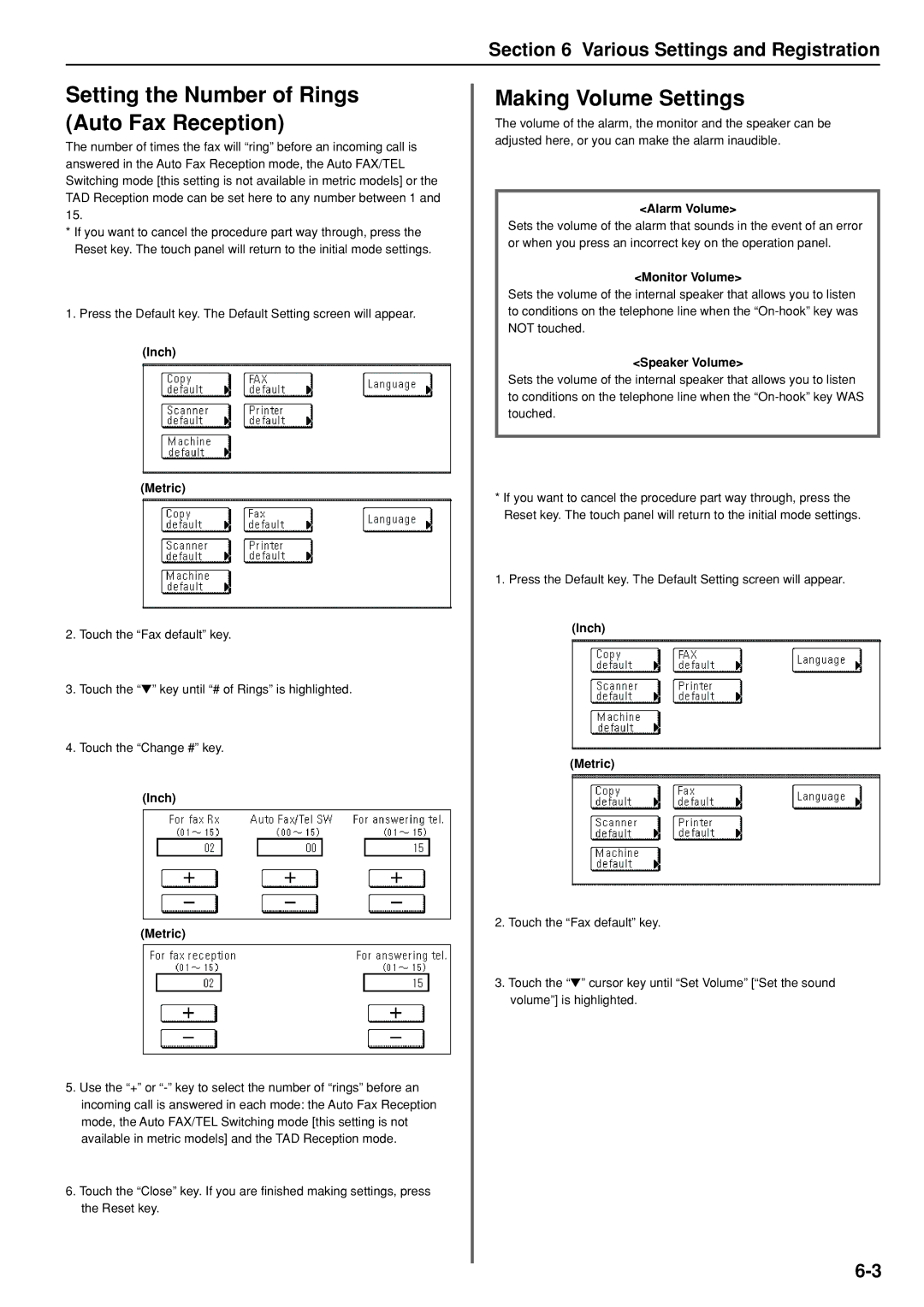 Kyocera FAX SYSTEM Setting the Number of Rings Auto Fax Reception, Making Volume Settings, Alarm Volume, Monitor Volume 