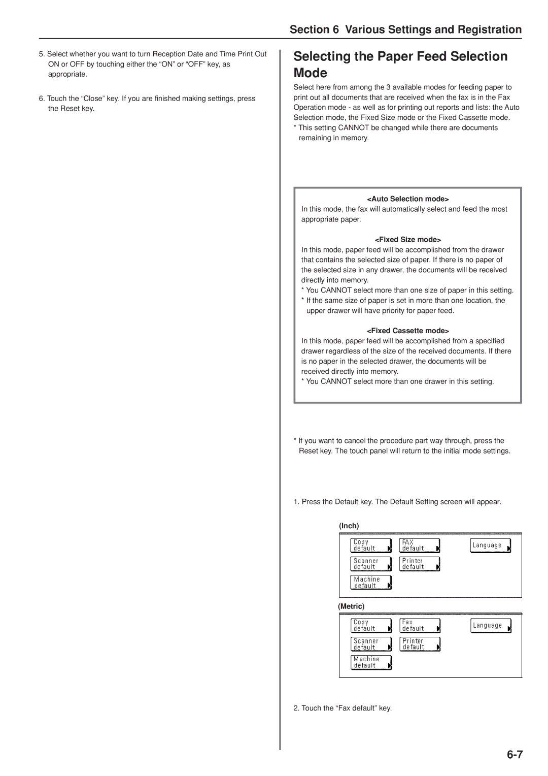 Kyocera FAX SYSTEM Selecting the Paper Feed Selection Mode, Auto Selection mode, Fixed Size mode, Fixed Cassette mode 