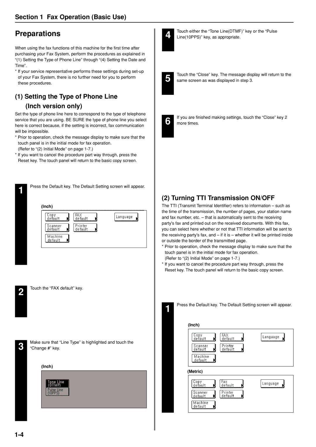 Kyocera FAX SYSTEM manual Preparations, Fax Operation Basic Use, Setting the Type of Phone Line Inch version only 