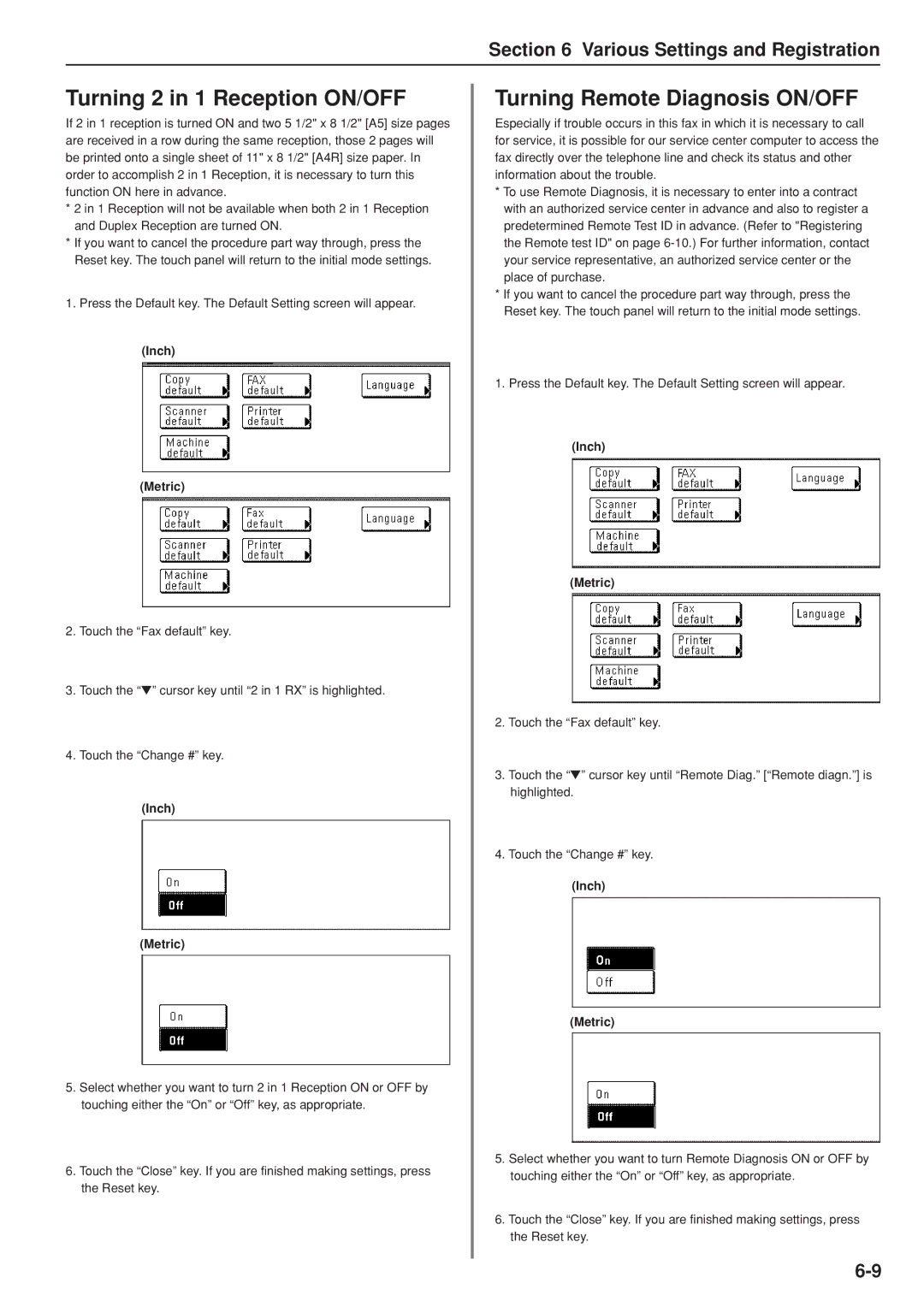 Kyocera FAX SYSTEM manual Turning 2 in 1 Reception ON/OFF, Turning Remote Diagnosis ON/OFF 