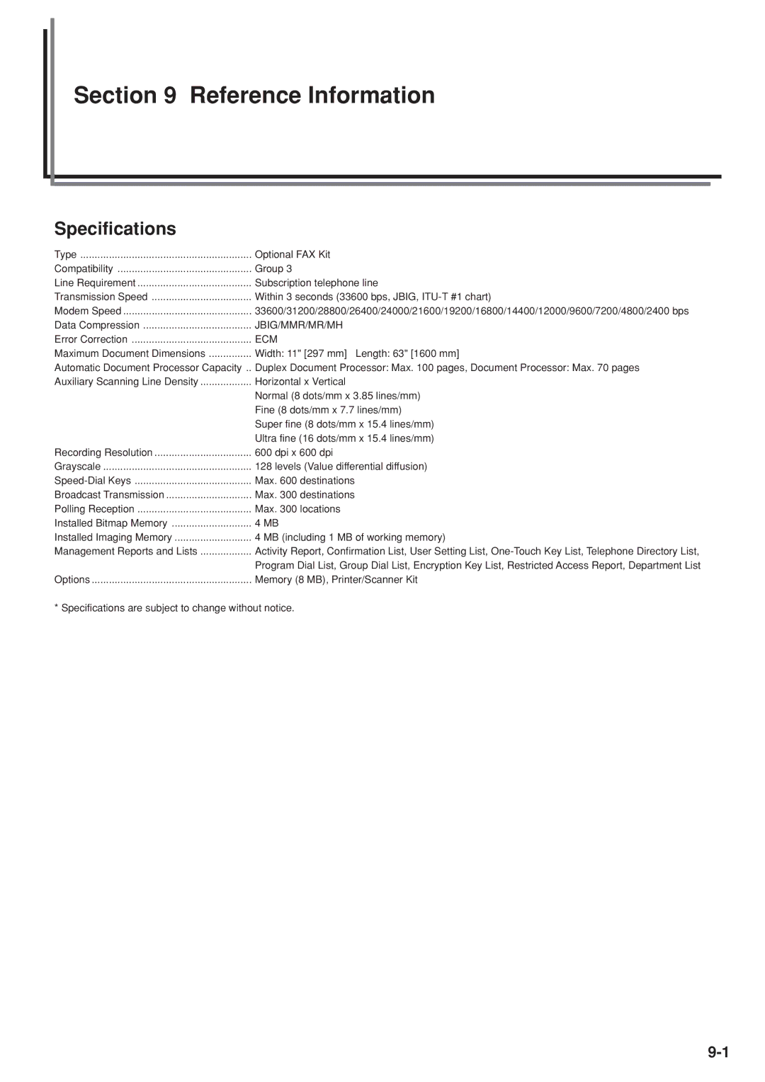 Kyocera FAX SYSTEM manual Reference Information, Specifications 