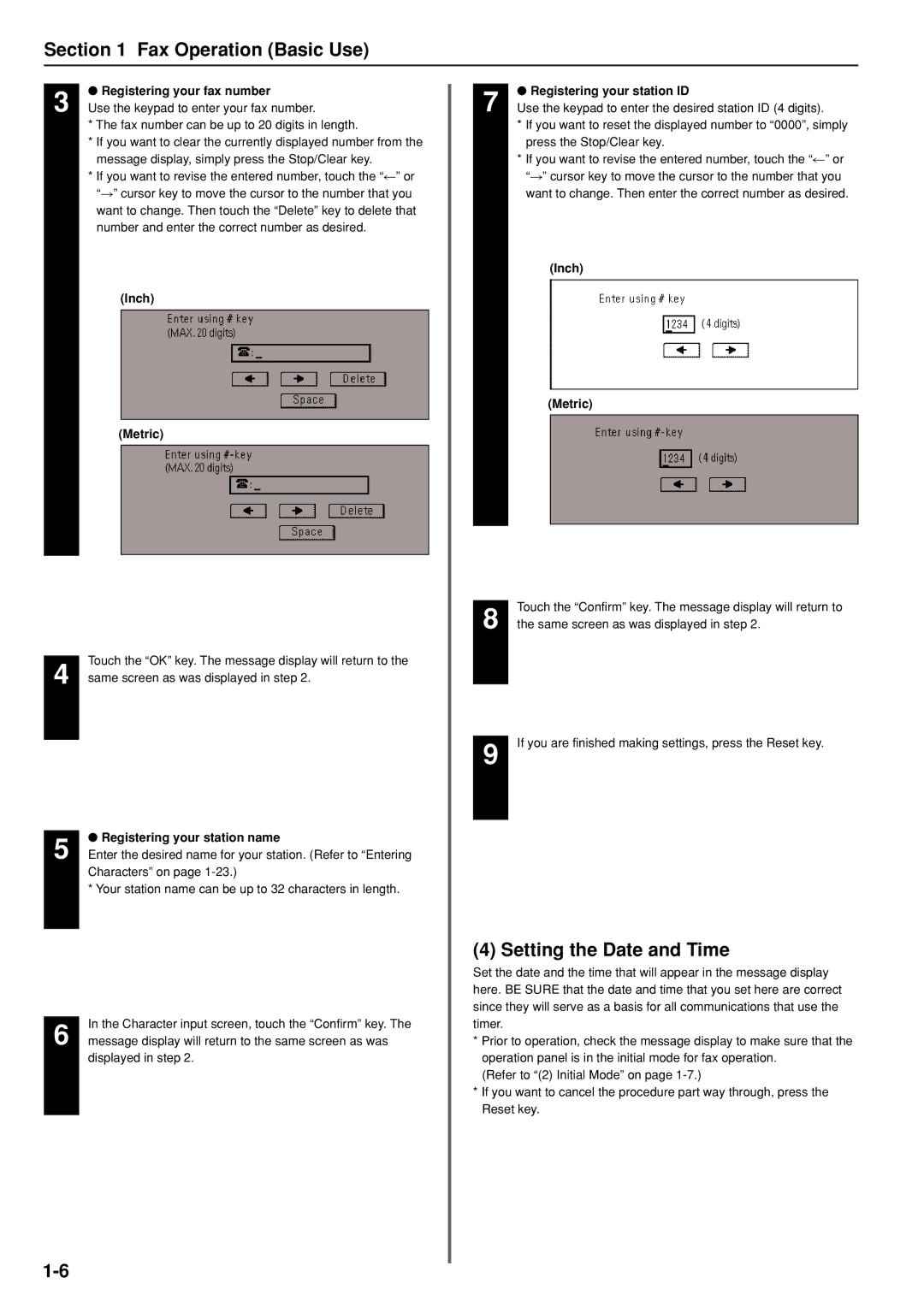 Kyocera FAX SYSTEM manual Setting the Date and Time, Registering your fax number, Registering your station name 