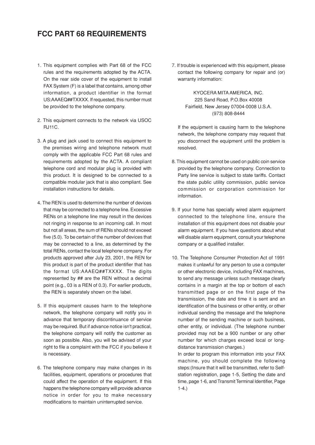 Kyocera FAX SYSTEM manual FCC Part 68 Requirements 