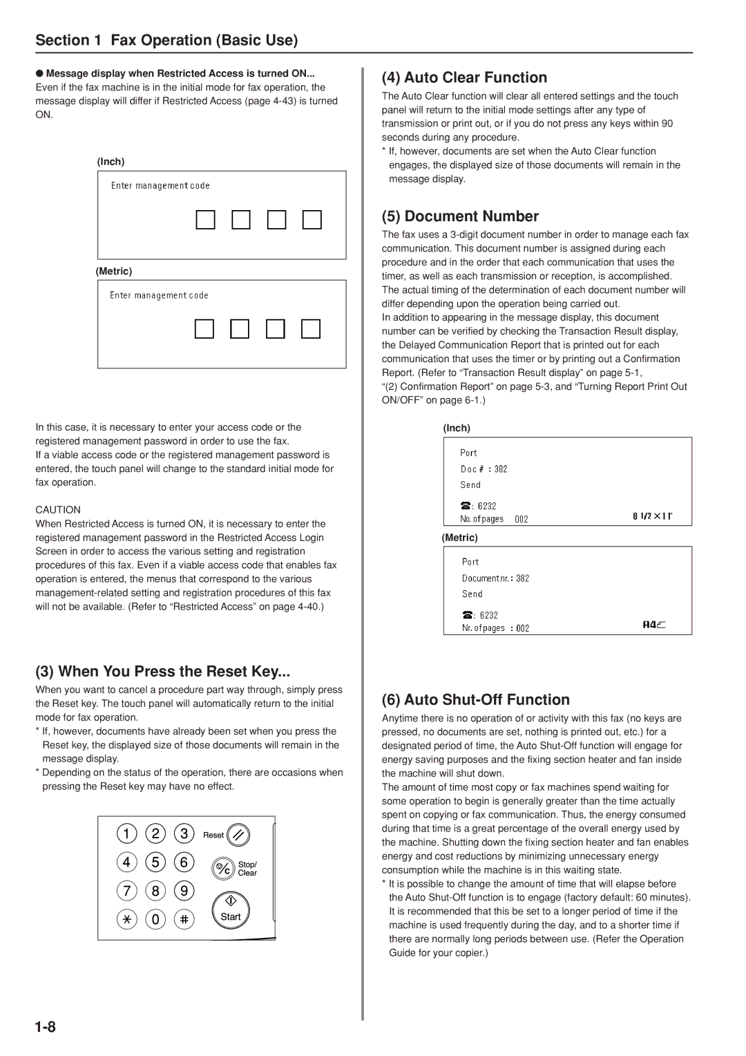 Kyocera FAX SYSTEM manual When You Press the Reset Key, Auto Clear Function, Document Number, Auto Shut-Off Function 