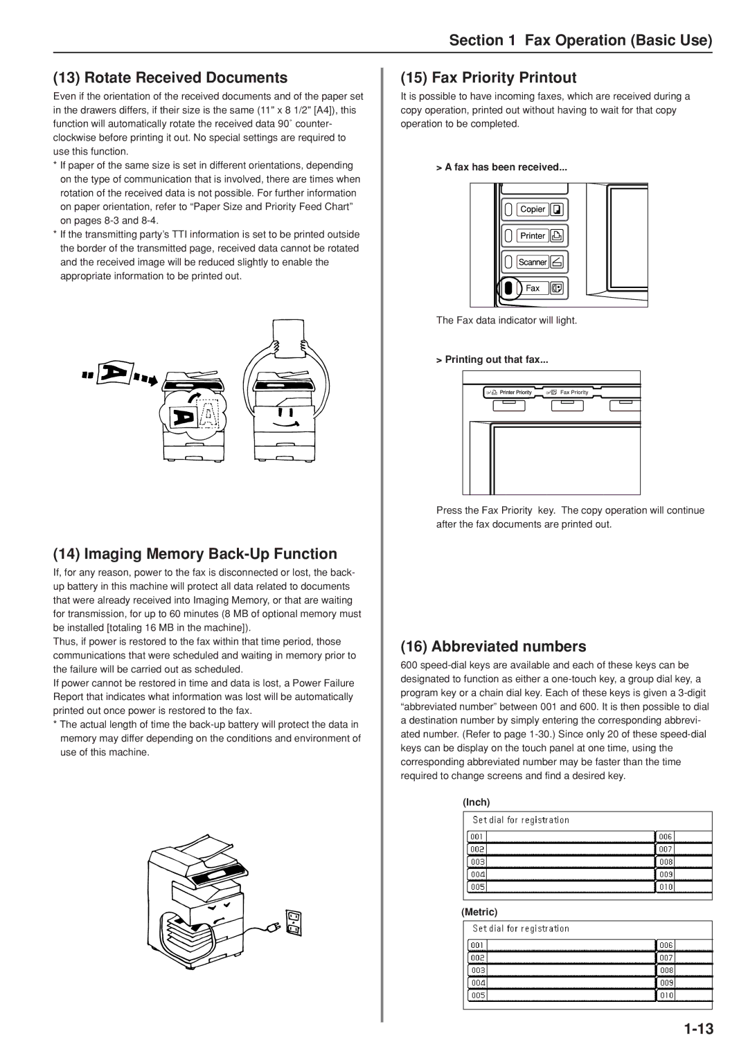 Kyocera FAX SYSTEM Fax Operation Basic Use Rotate Received Documents, Imaging Memory Back-Up Function, Abbreviated numbers 