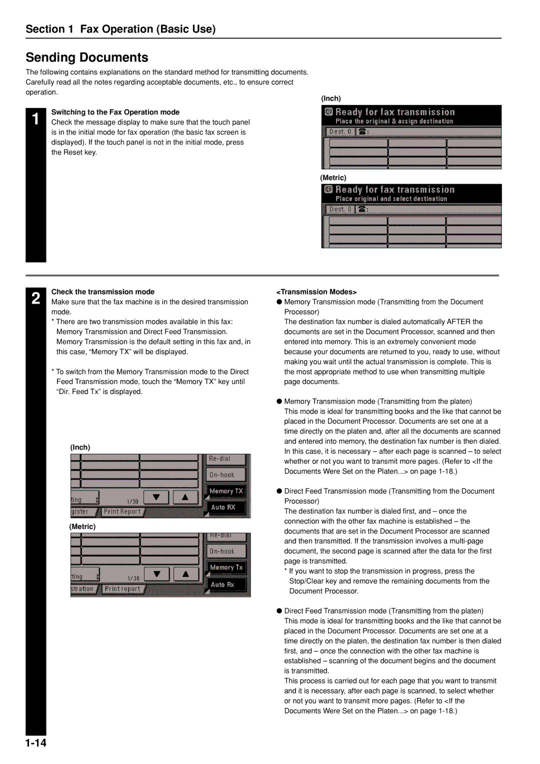 Kyocera FAX SYSTEM manual Sending Documents, Inch Switching to the Fax Operation mode, Metric Check the transmission mode 