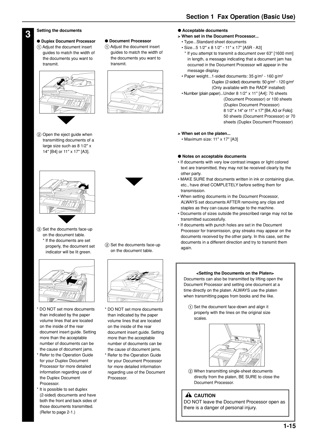 Kyocera FAX SYSTEM manual Setting the documents Duplex Document Processor, When set on the platen 