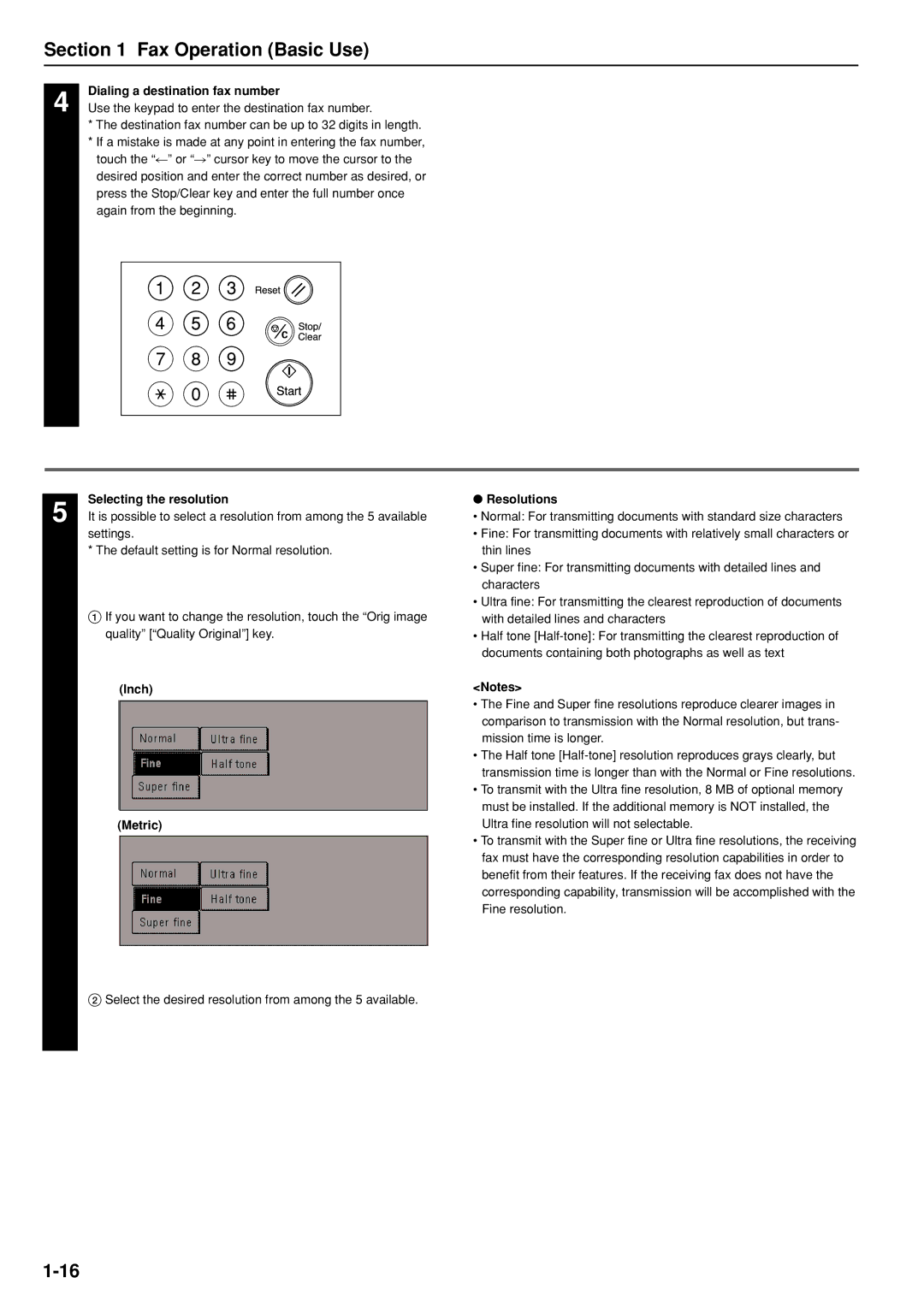 Kyocera FAX SYSTEM manual Dialing a destination fax number, Selecting the resolution, Inch Metric Resolutions 