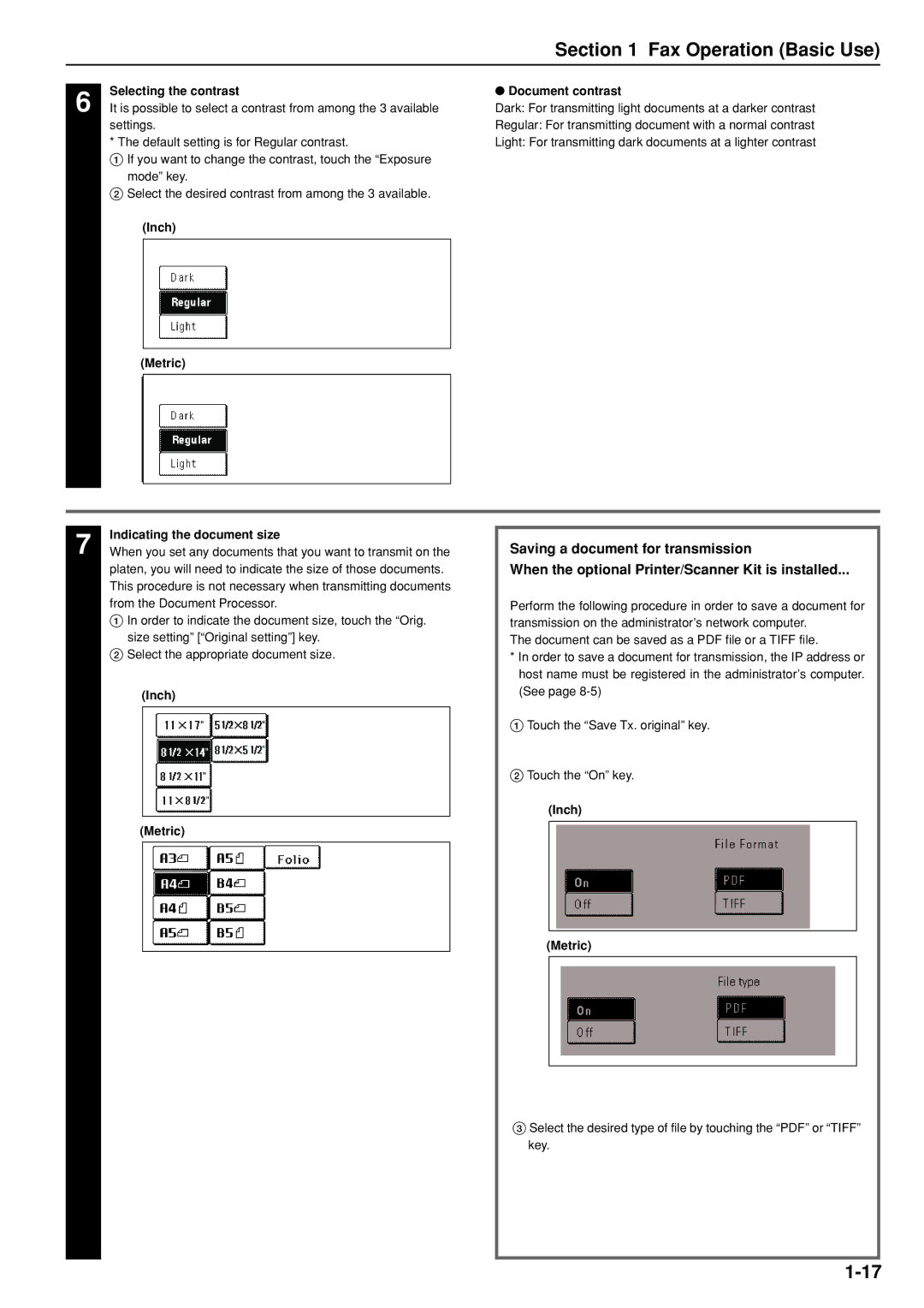 Kyocera FAX SYSTEM manual Selecting the contrast Document contrast, Inch Metric Indicating the document size 