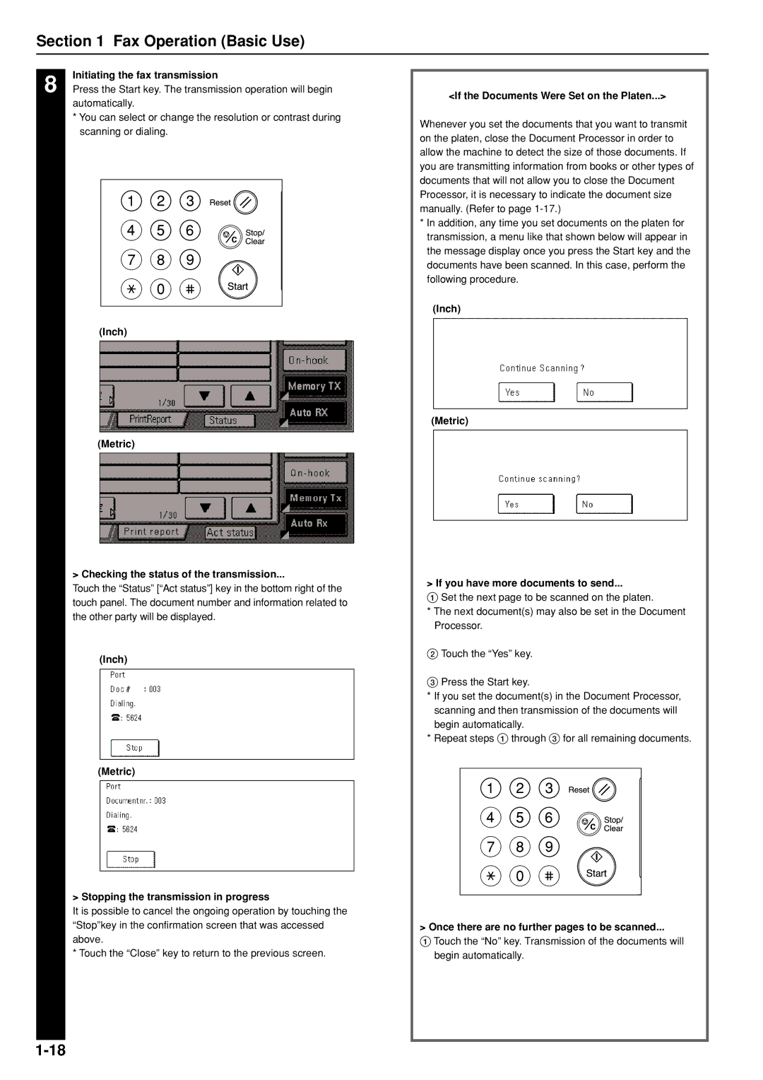 Kyocera FAX SYSTEM manual Initiating the fax transmission, Inch Metric Checking the status of the transmission 