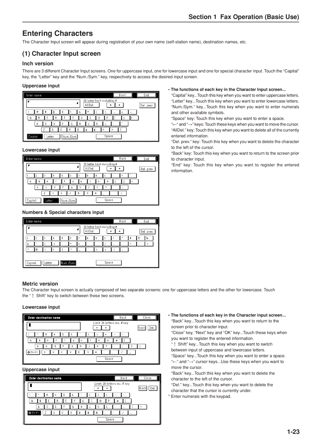 Kyocera FAX SYSTEM manual Entering Characters, Functions of each key in the Character Input screen 