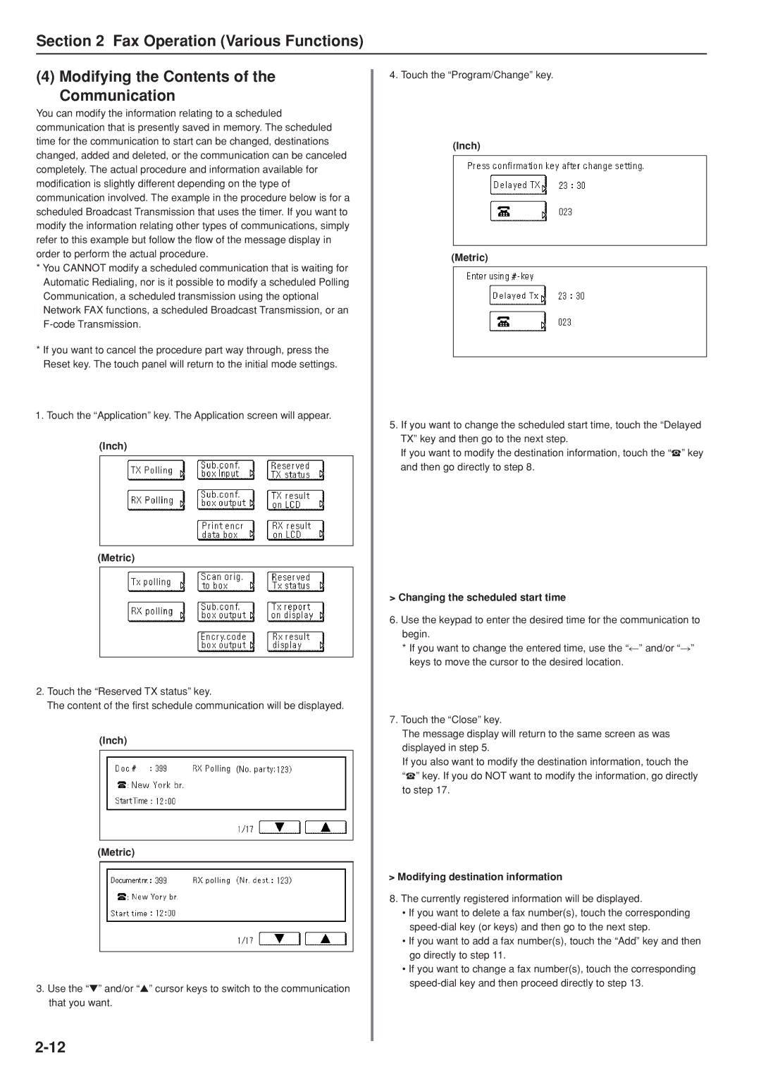 Kyocera FAX SYSTEM manual Changing the scheduled start time, Modifying destination information 