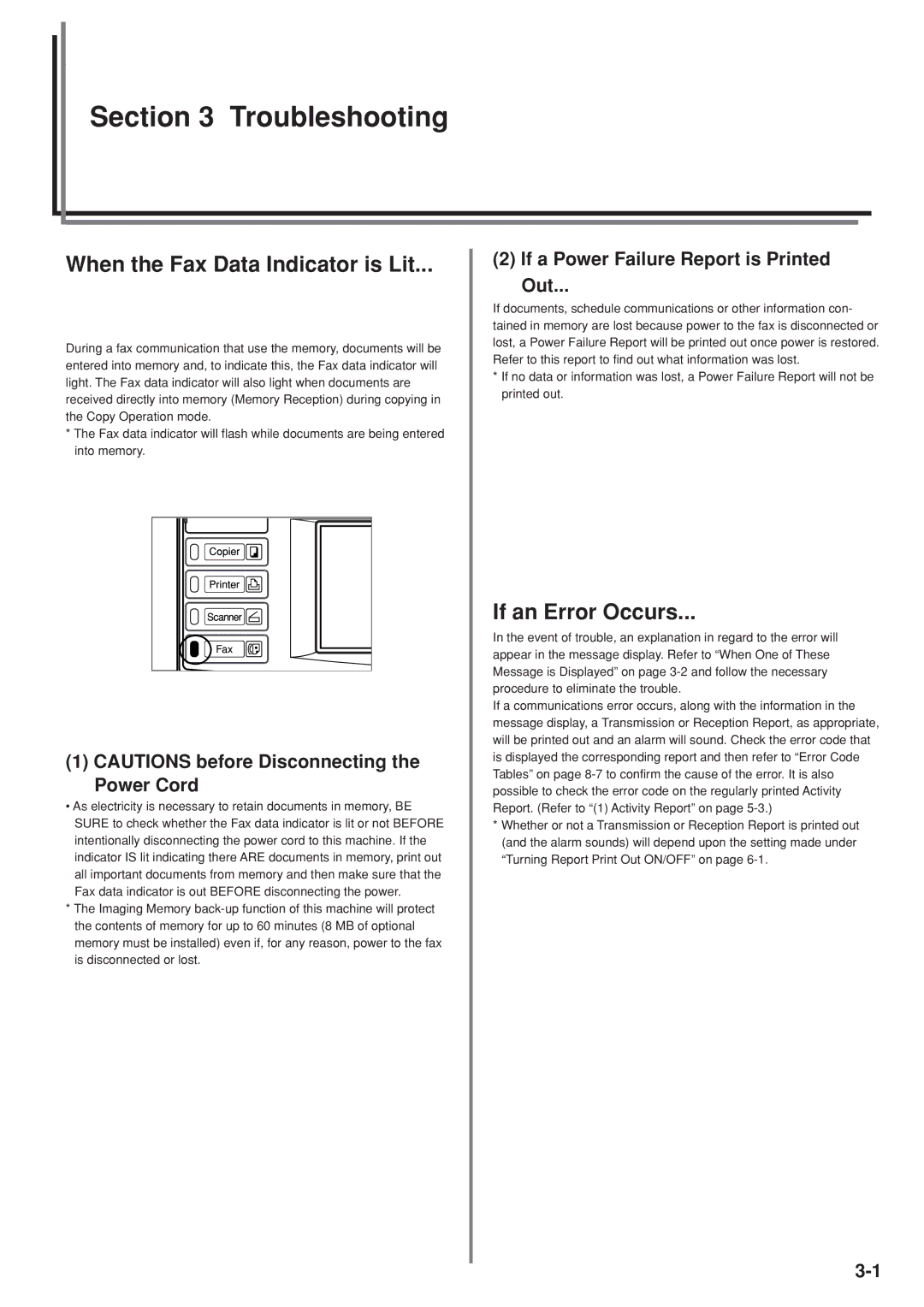 Kyocera FAX SYSTEM manual When the Fax Data Indicator is Lit, If an Error Occurs, If a Power Failure Report is Printed Out 