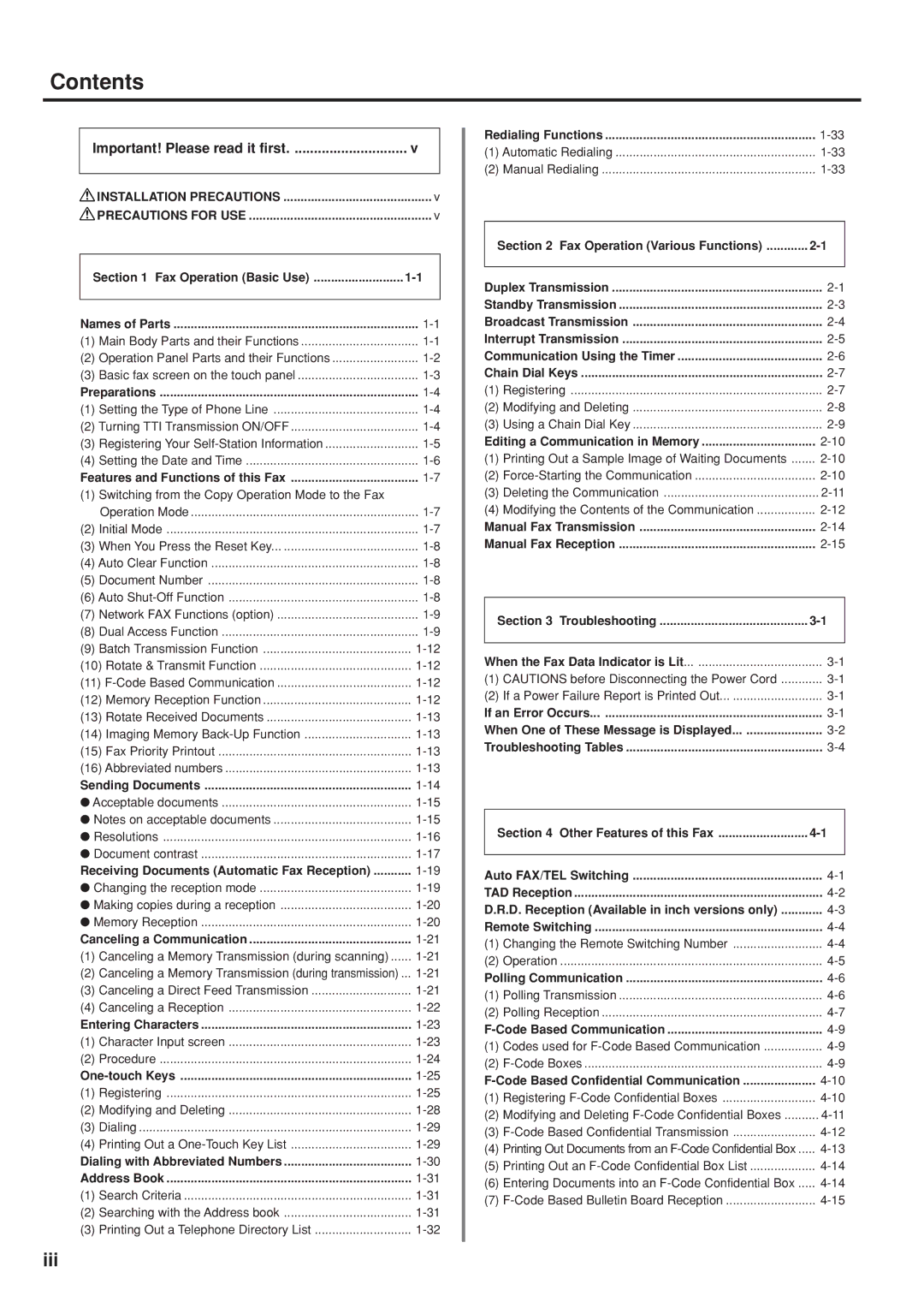 Kyocera FAX SYSTEM manual Contents 