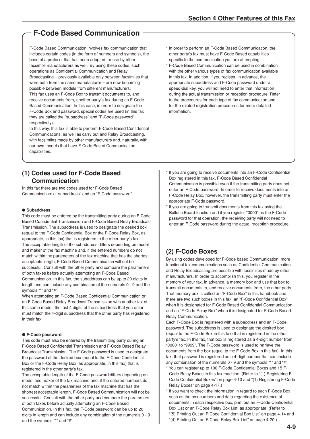 Kyocera FAX SYSTEM manual Codes used for F-Code Based Communication, Code Boxes, Subaddress, Code password 