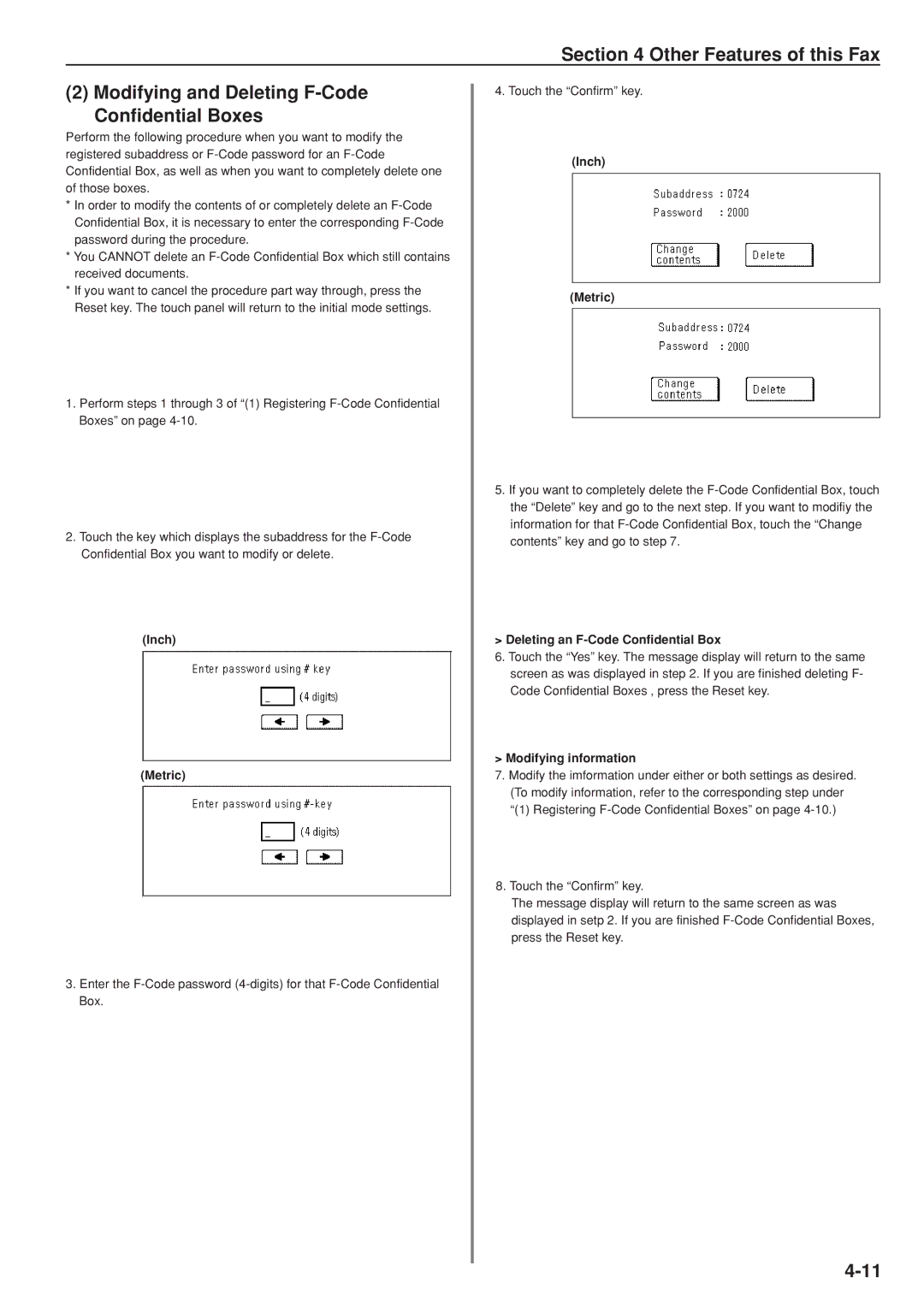 Kyocera FAX SYSTEM manual Deleting an F-Code Confidential Box, Modifying information 