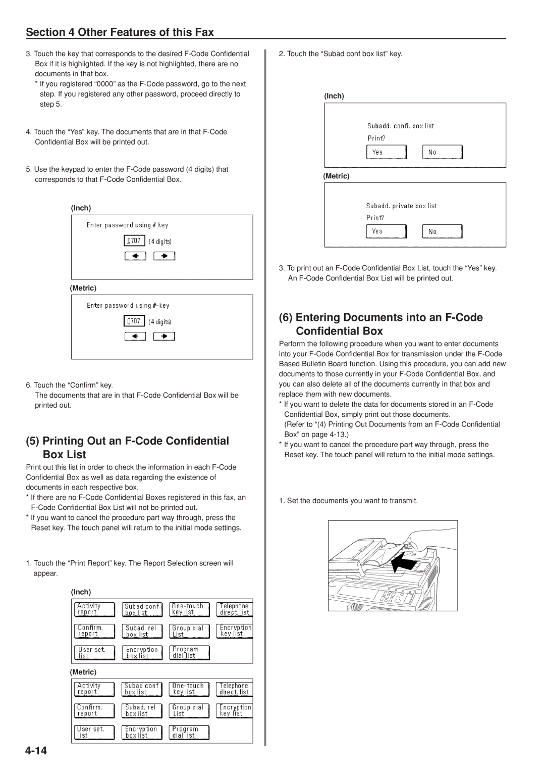 Kyocera FAX SYSTEM manual Printing Out an F-Code Confidential Box List, Entering Documents into an F-Code Confidential Box 