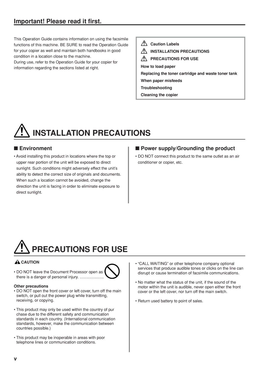 Kyocera FAX SYSTEM manual Important! Please read it first, Environment, Power supply/Grounding the product 