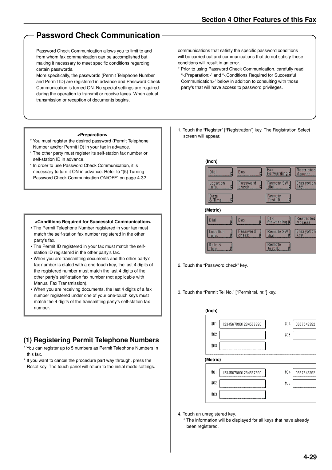 Kyocera FAX SYSTEM manual Password Check Communication, Registering Permit Telephone Numbers 