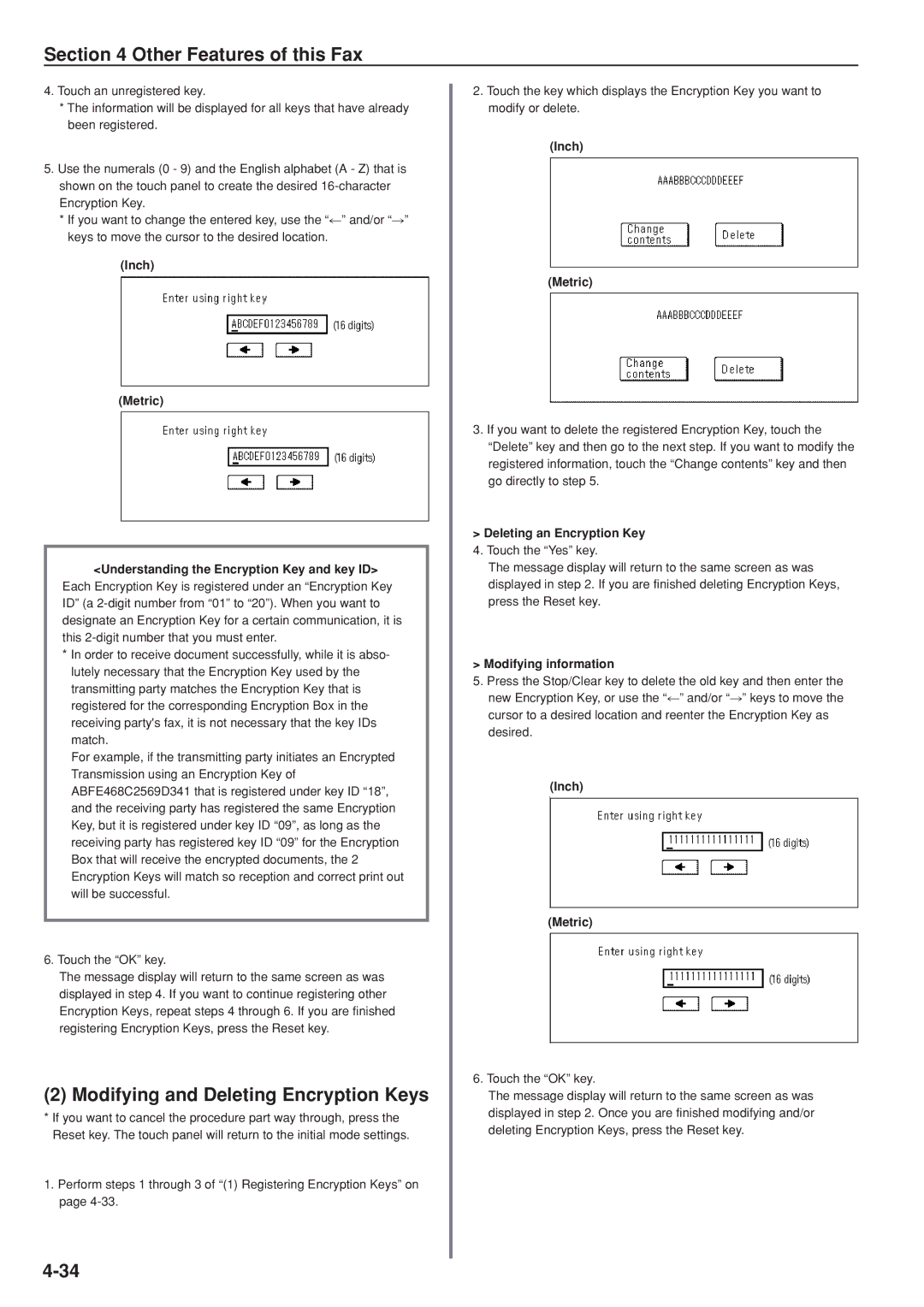 Kyocera FAX SYSTEM manual Modifying and Deleting Encryption Keys, Inch Metric Understanding the Encryption Key and key ID 