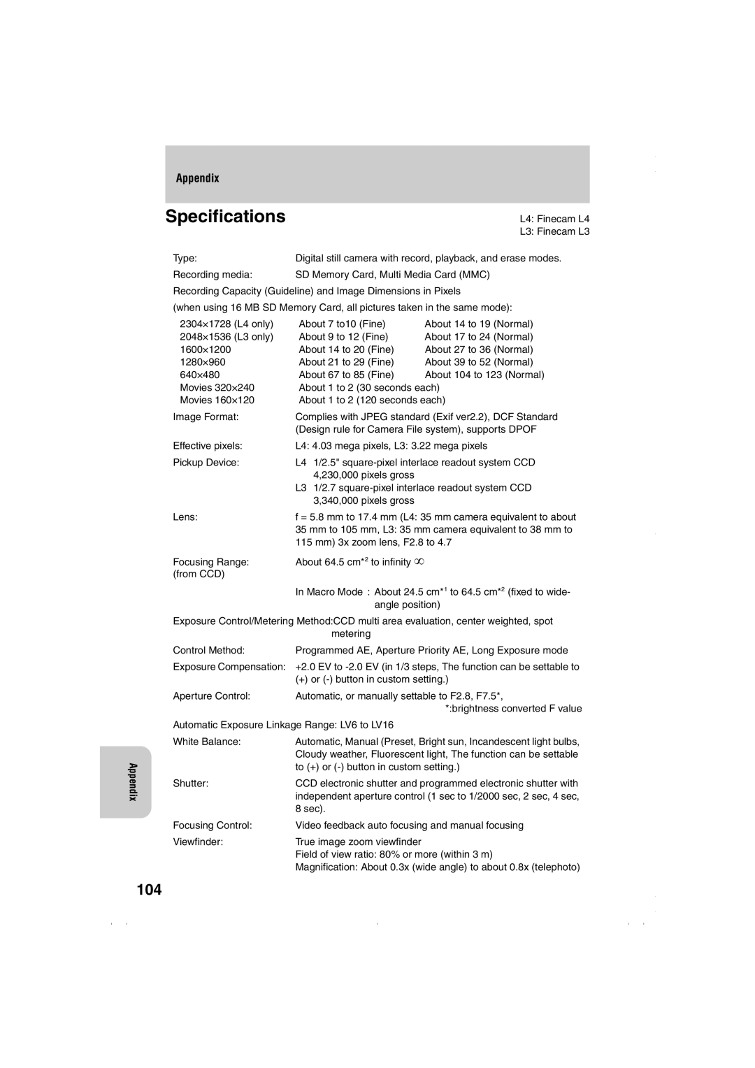 Kyocera Finecam L3, Finecam L4 instruction manual Specifications, 104 