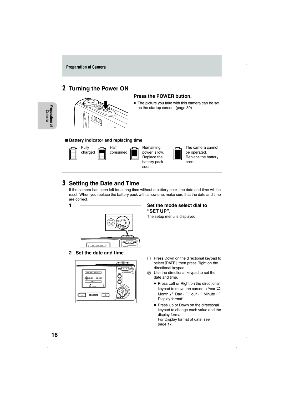 Kyocera Finecam L3, Finecam L4 instruction manual Turning the Power on, Setting the Date and Time, Preparation of Camera 