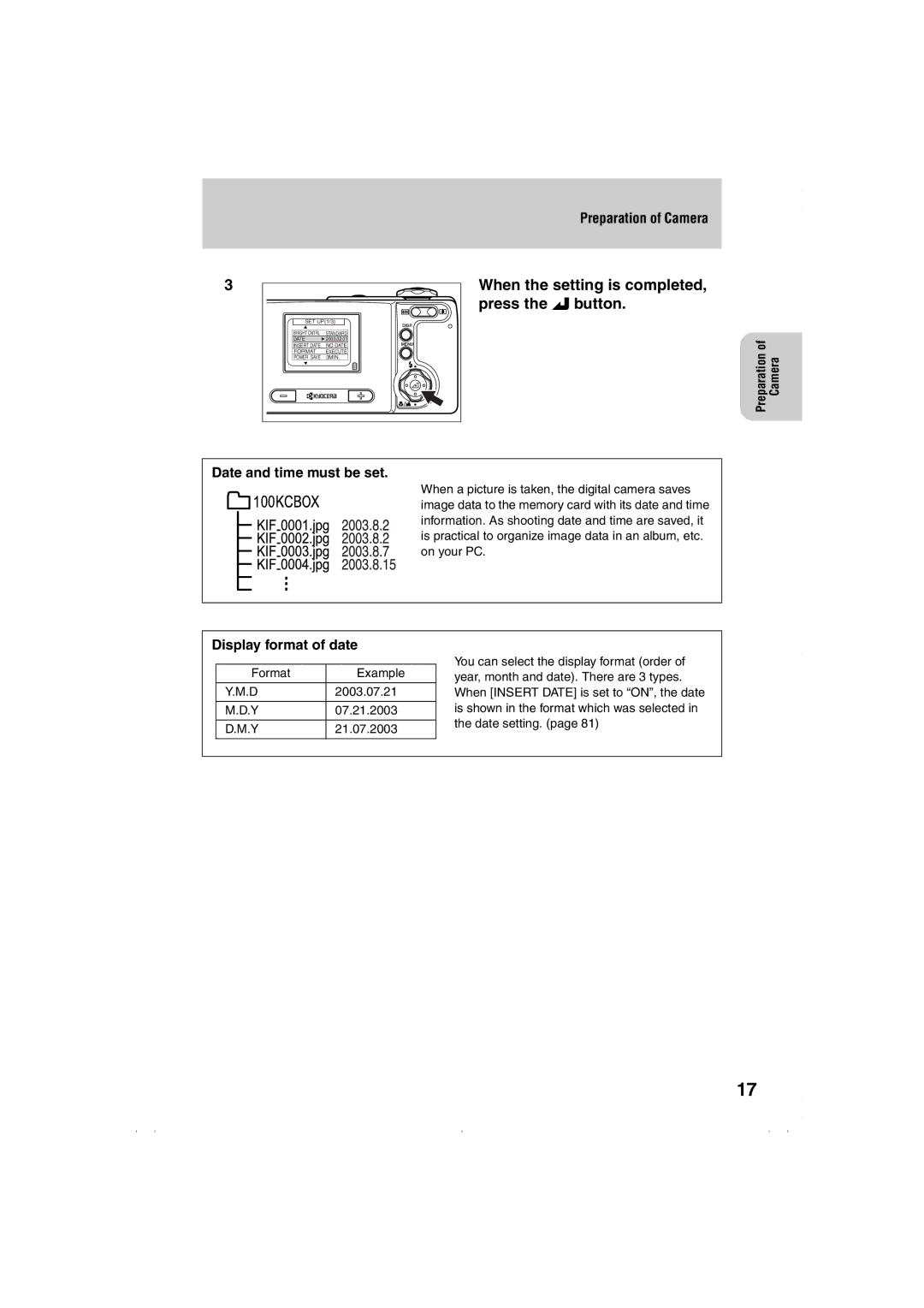 Kyocera Finecam L3, Finecam L4 instruction manual Date and time must be set, Display format of date 