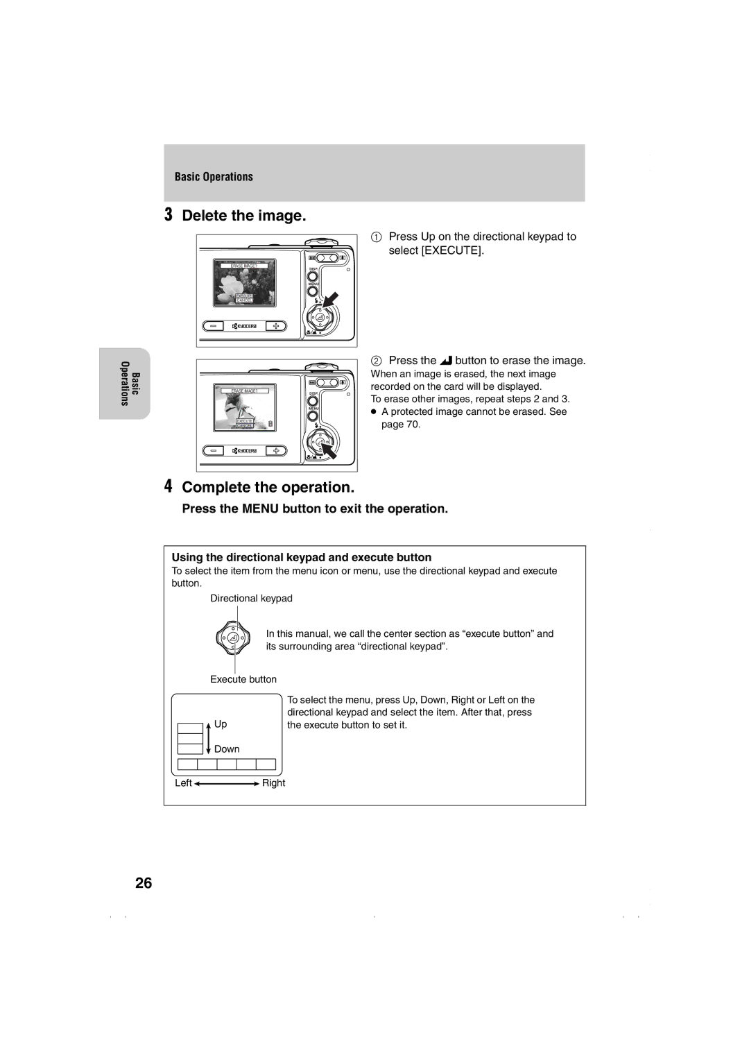 Kyocera L4, Finecam L3 Delete the image, Complete the operation, Using the directional keypad and execute button 