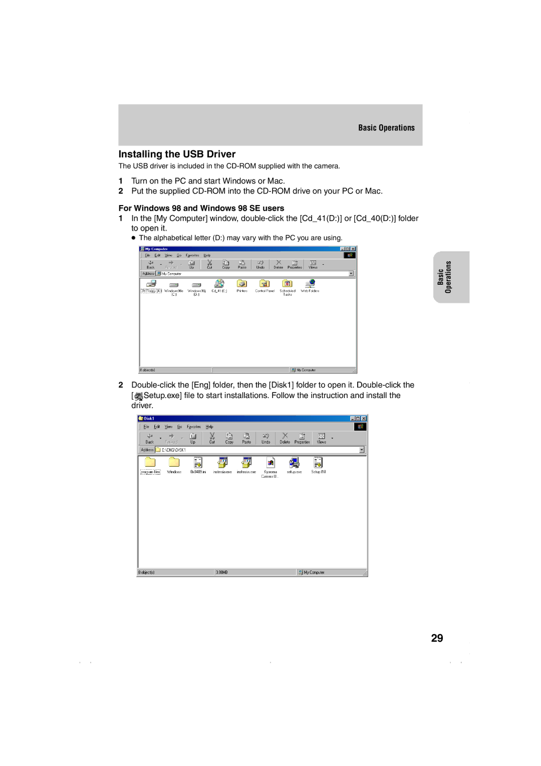 Kyocera Finecam L3, Finecam L4 instruction manual Installing the USB Driver, For Windows 98 and Windows 98 SE users 